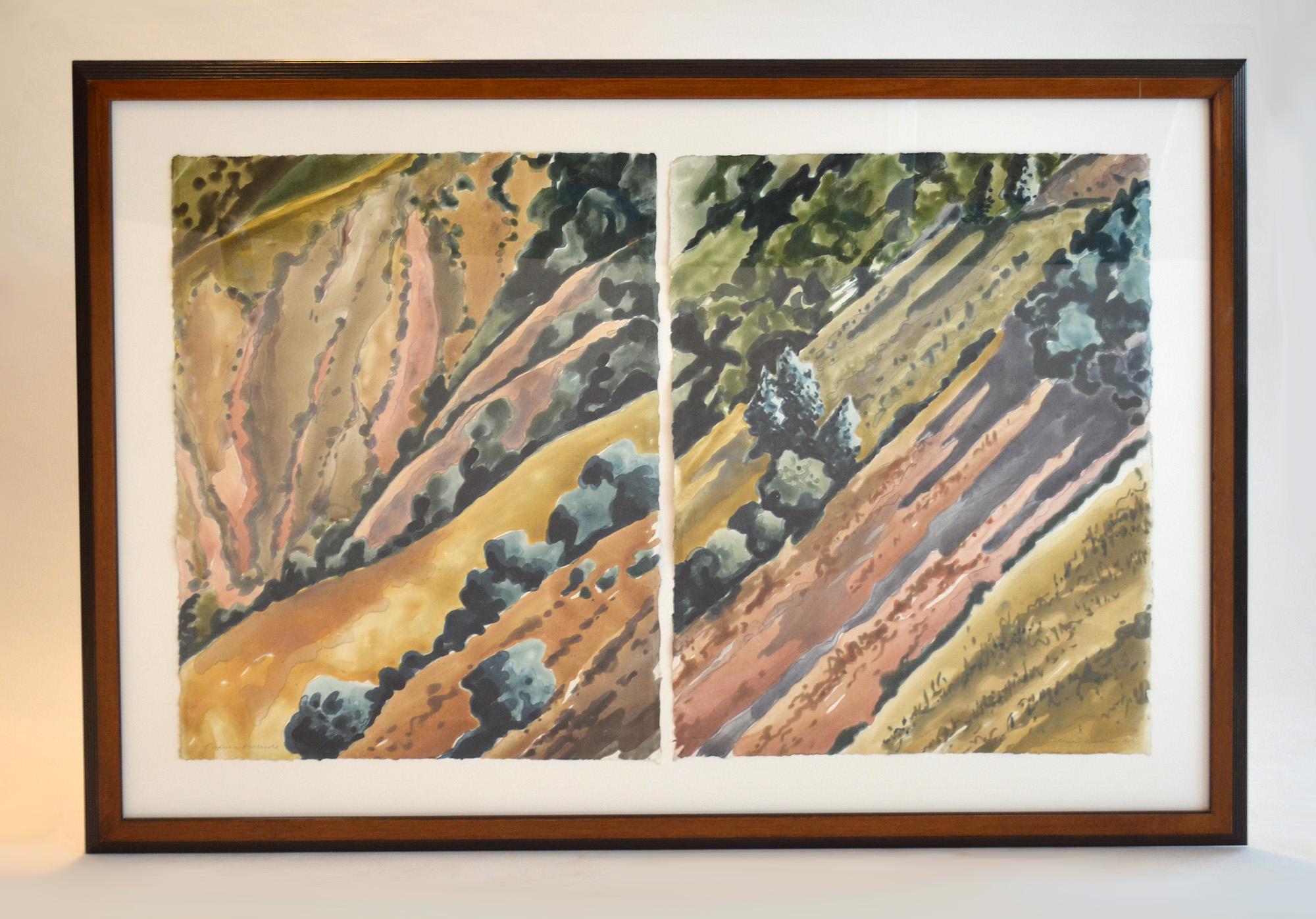 Druck auf Papier von Catherine Kernan 'Oaxaca Hillside' 1989 Monotypie Diptychon USA
Zweiteilige gerahmte abstrakte Grafik der Künstlerin und Grafikerin Catherine Kernan (geb. 1948), Gründerin des Mixit Print Studio, Sommerville, MA. Dieses Werk
