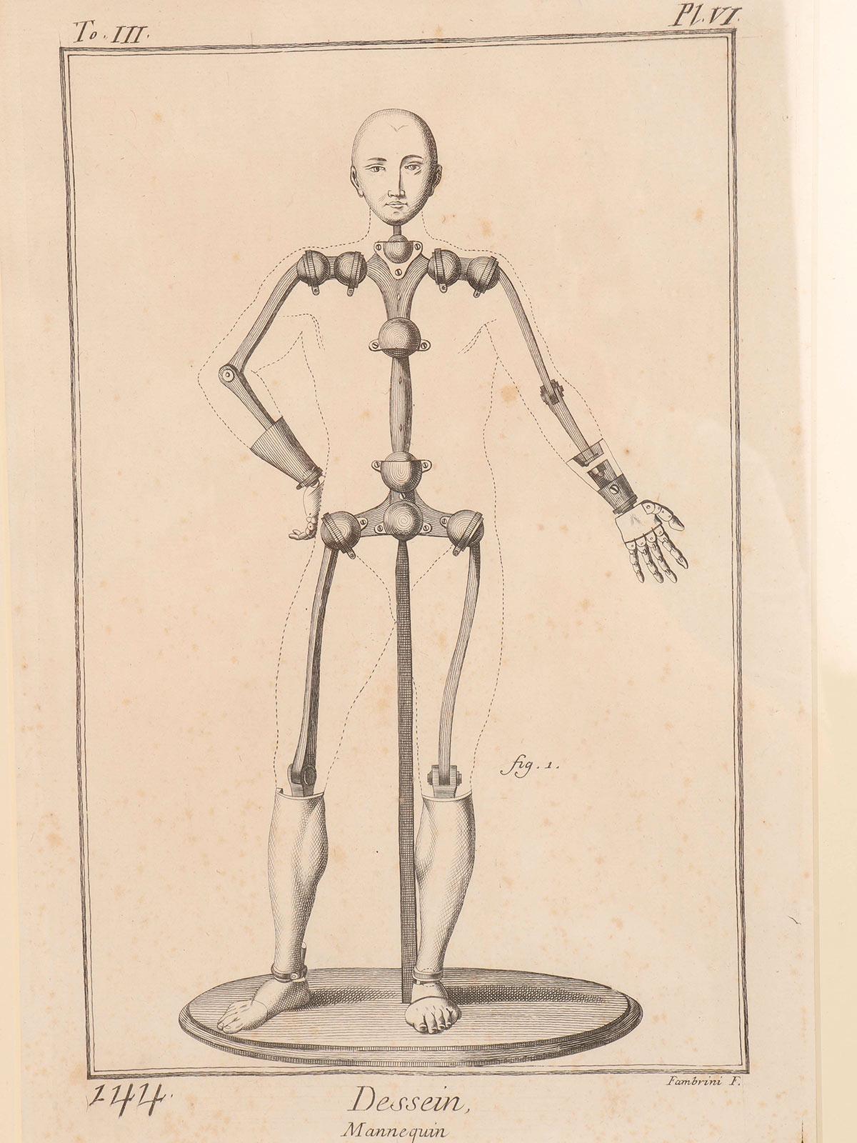 Druck auf Papier mit einer Darstellung eines Dummy, Italien 1750-1800.  (Italienisch) im Angebot