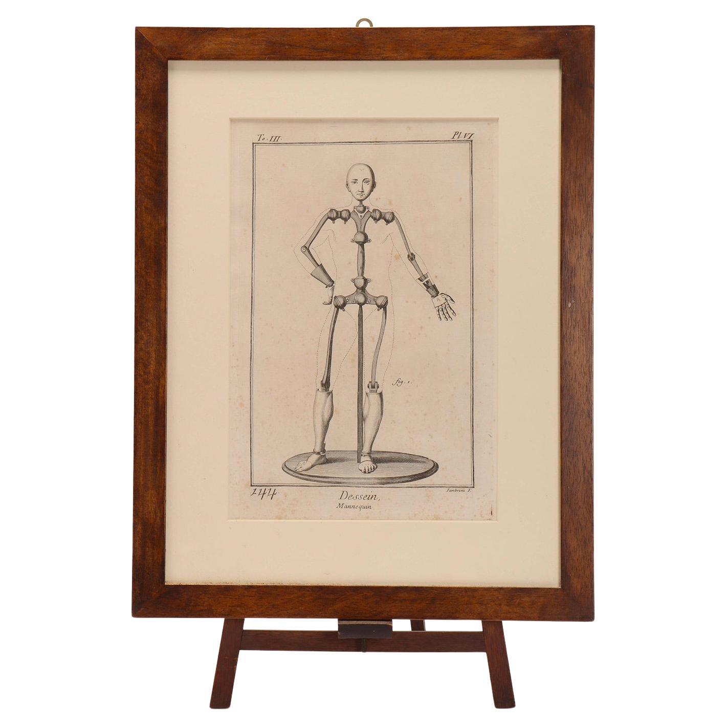 Print on paper depicting a dummy, Italy 1750-1800.  For Sale