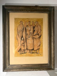 Mother and Child Print, Organic Modern Style, Mid-20th Century, Signed