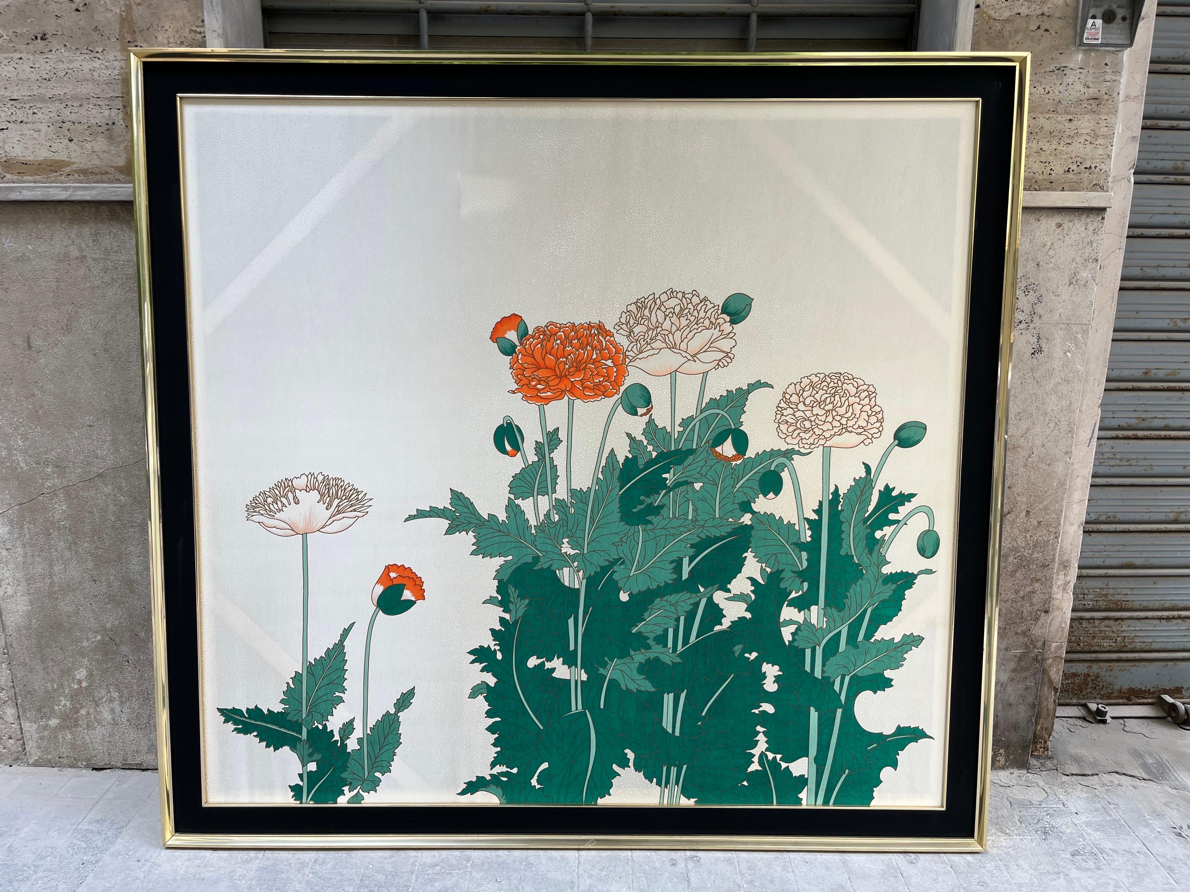 Print on Silk with Brass Frame Top Vintage 1970s For Sale 4