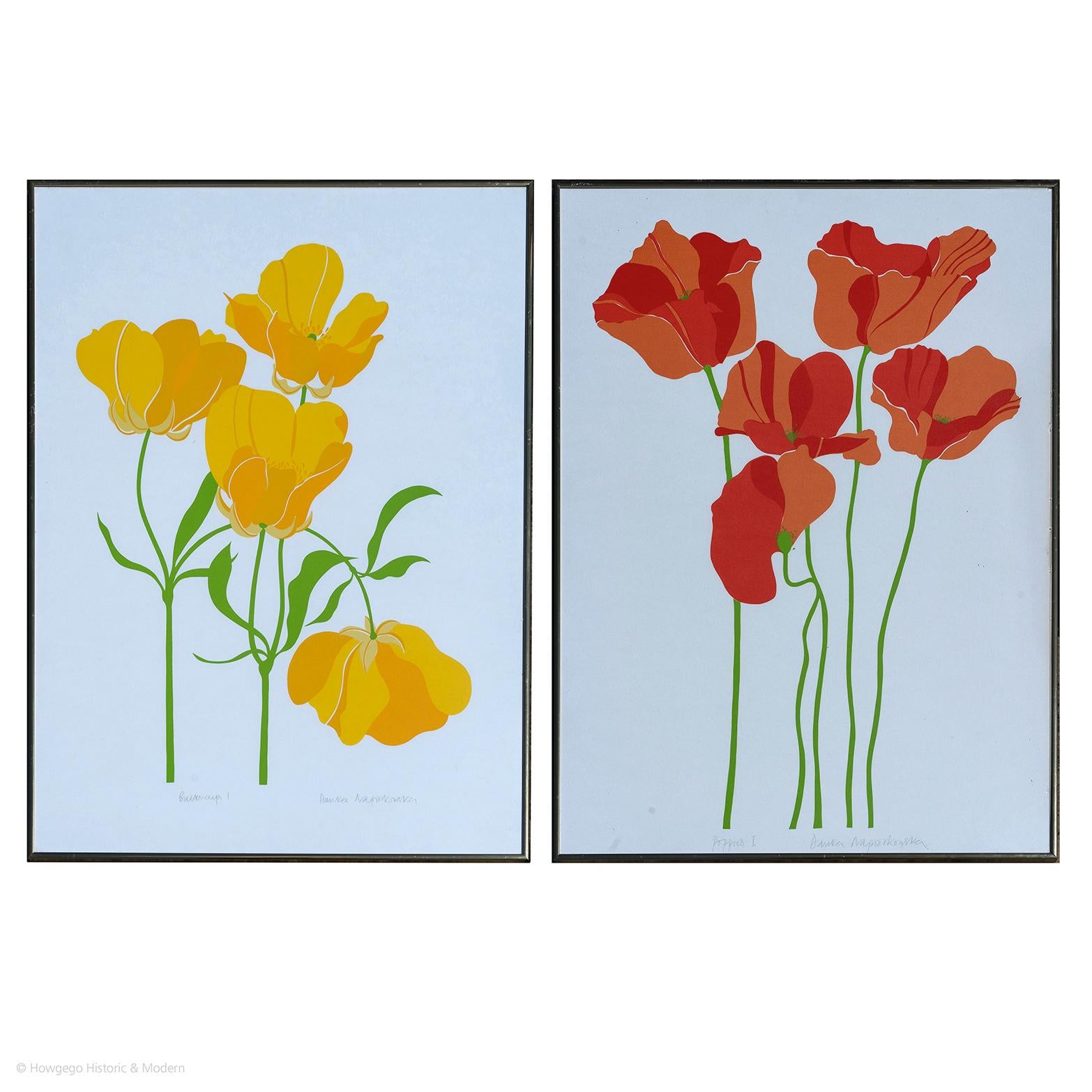 Print Pair Buttercups Poppies Yellow Red In Good Condition For Sale In BUNGAY, SUFFOLK