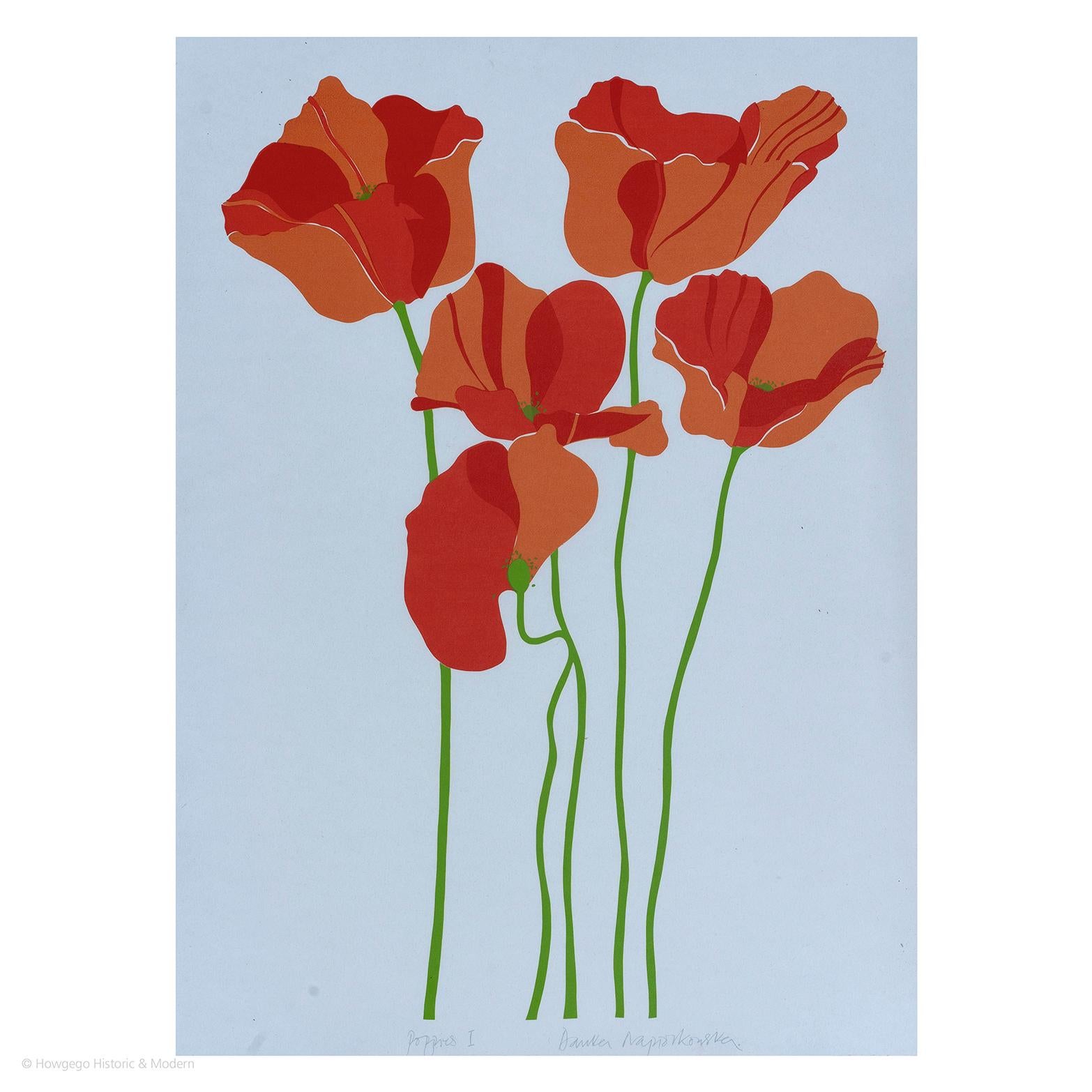 Paper Print Pair Buttercups Poppies Yellow Red For Sale