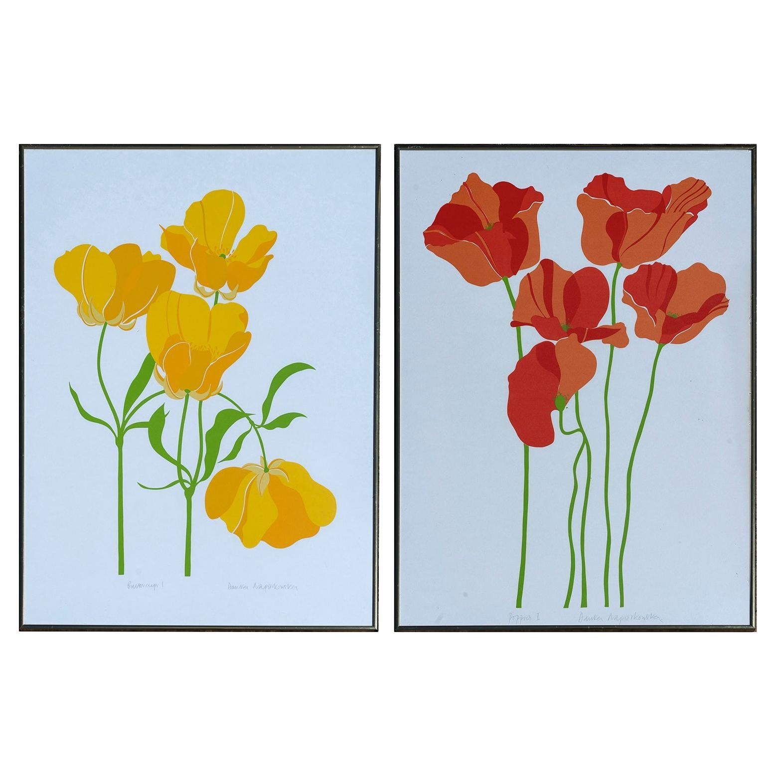 Print Pair Buttercups Poppies Yellow Red