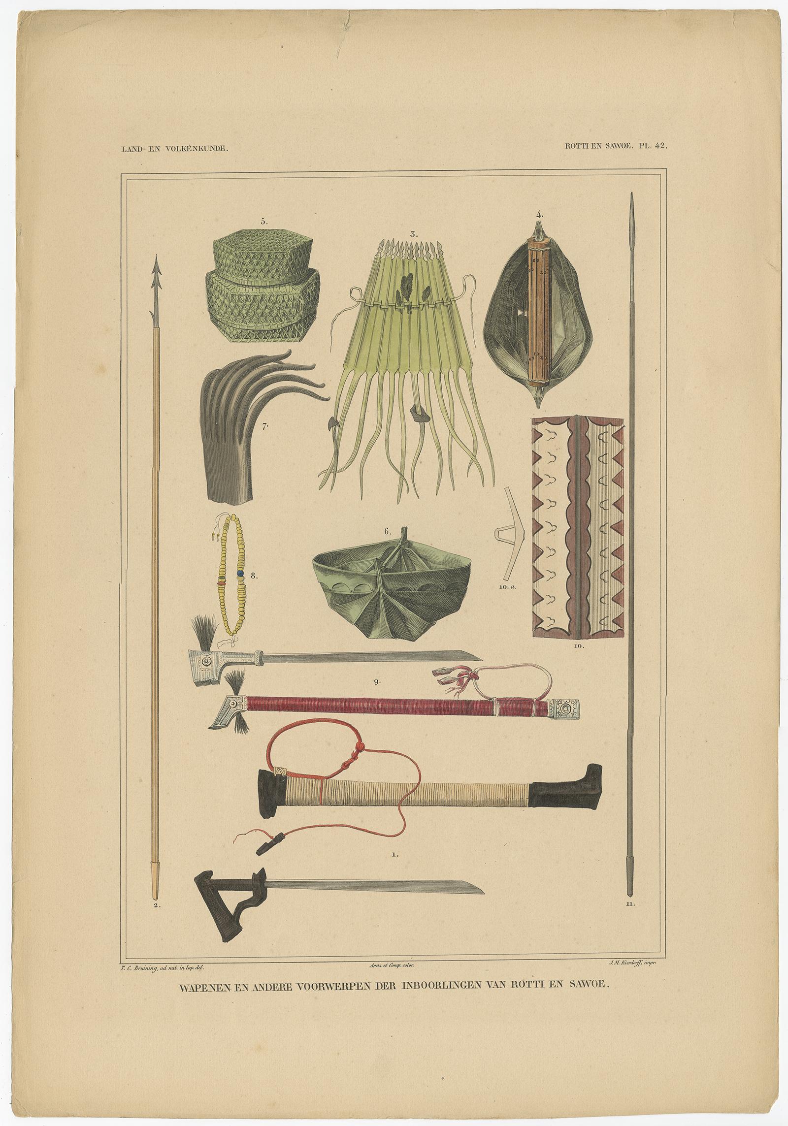 19th Century Print Weapons and Tools of Roti & Sawoe 'Indonesia' by Temminck, circa 1840 For Sale