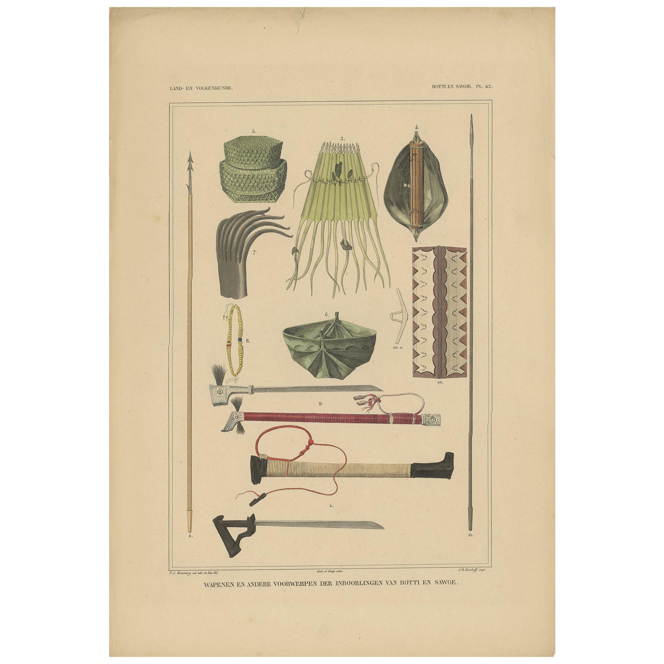 Print Weapons and Tools of Roti & Sawoe 'Indonesia' by Temminck, circa 1840 For Sale