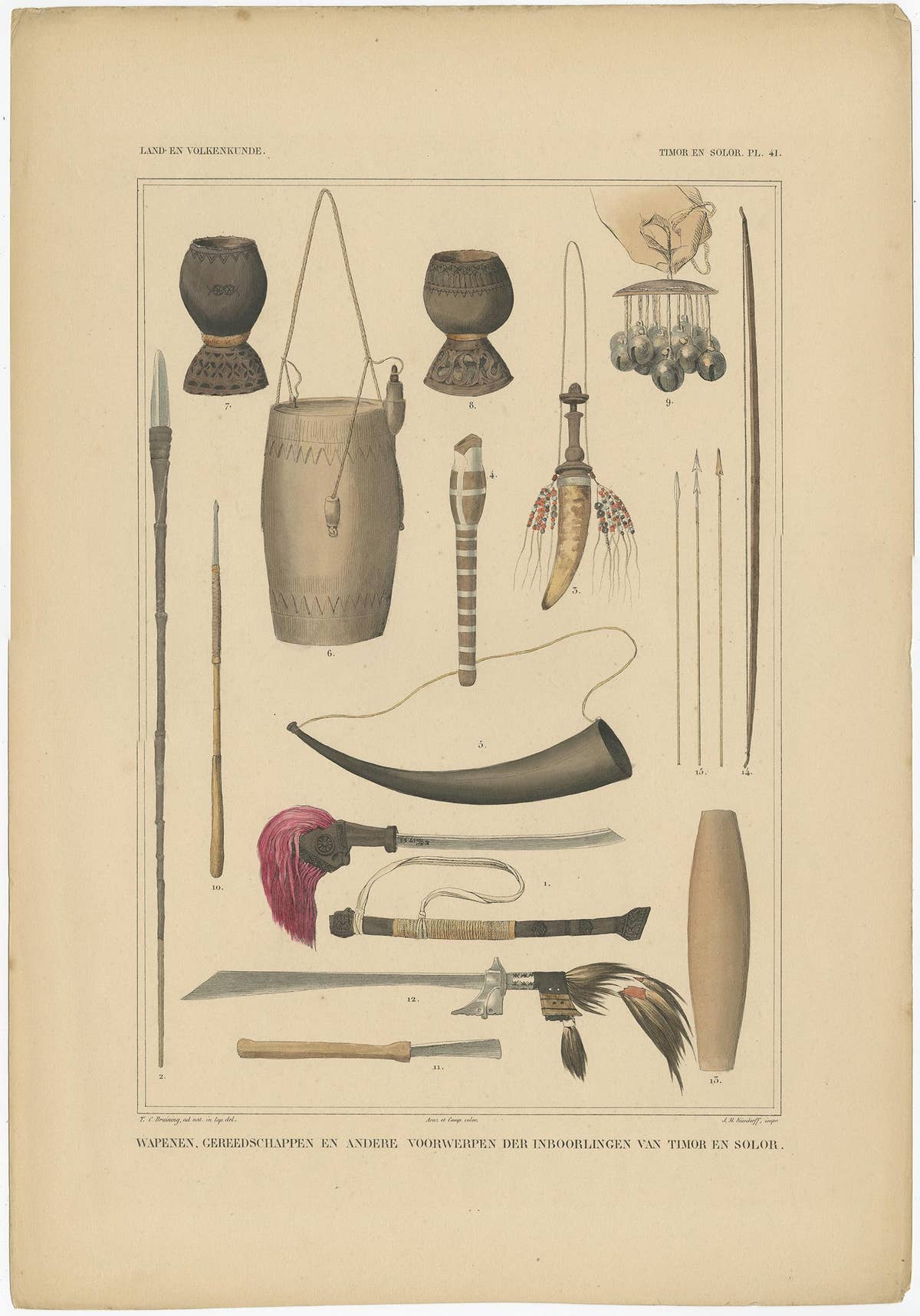 Print Weapons and Tools of Timor & Solor 'Indonesia' by Temminck, circa 1840