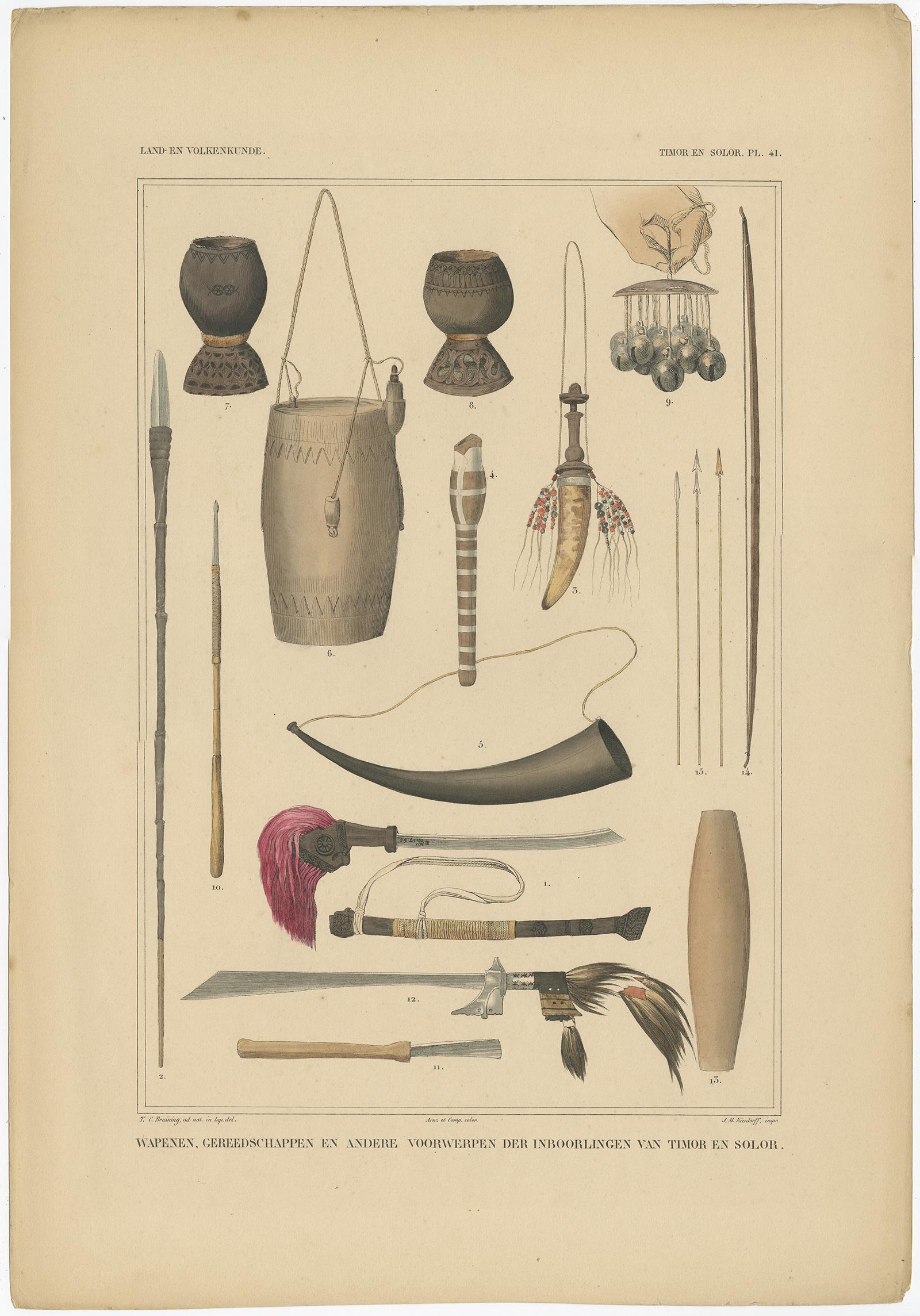 19th Century Print Weapons and Tools of Timor & Solor 'Indonesia' by Temminck, circa 1840 For Sale