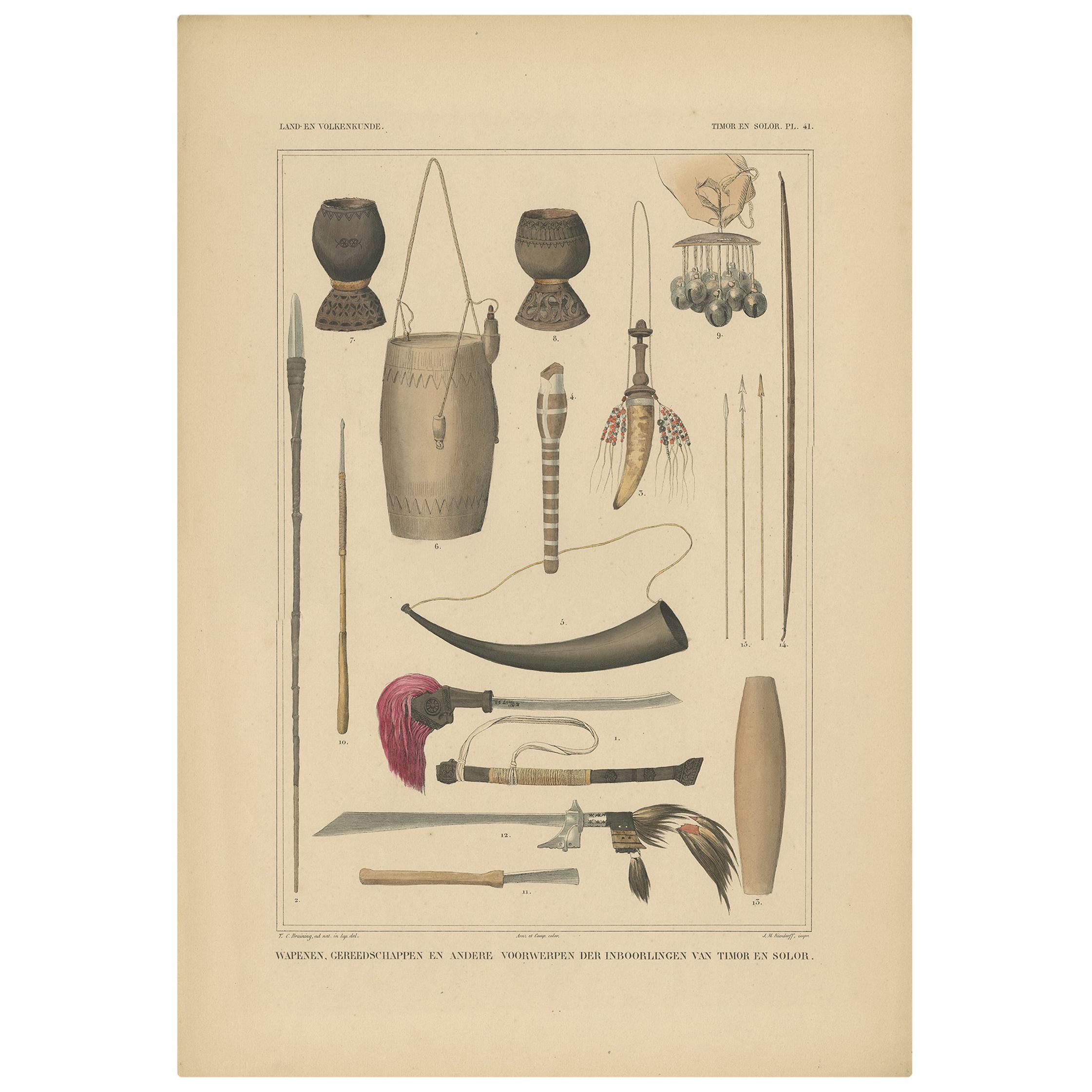Grabado Armas y herramientas de Timor y Solor 'Indonesia' de Temminck, hacia 1840