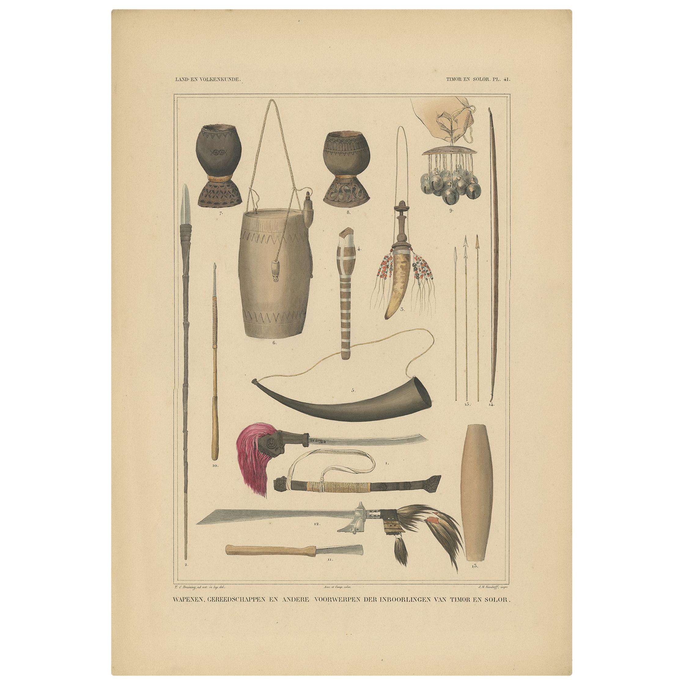 Print Weapons and Tools of Timor & Solor 'Indonesia' by Temminck, circa 1840 For Sale