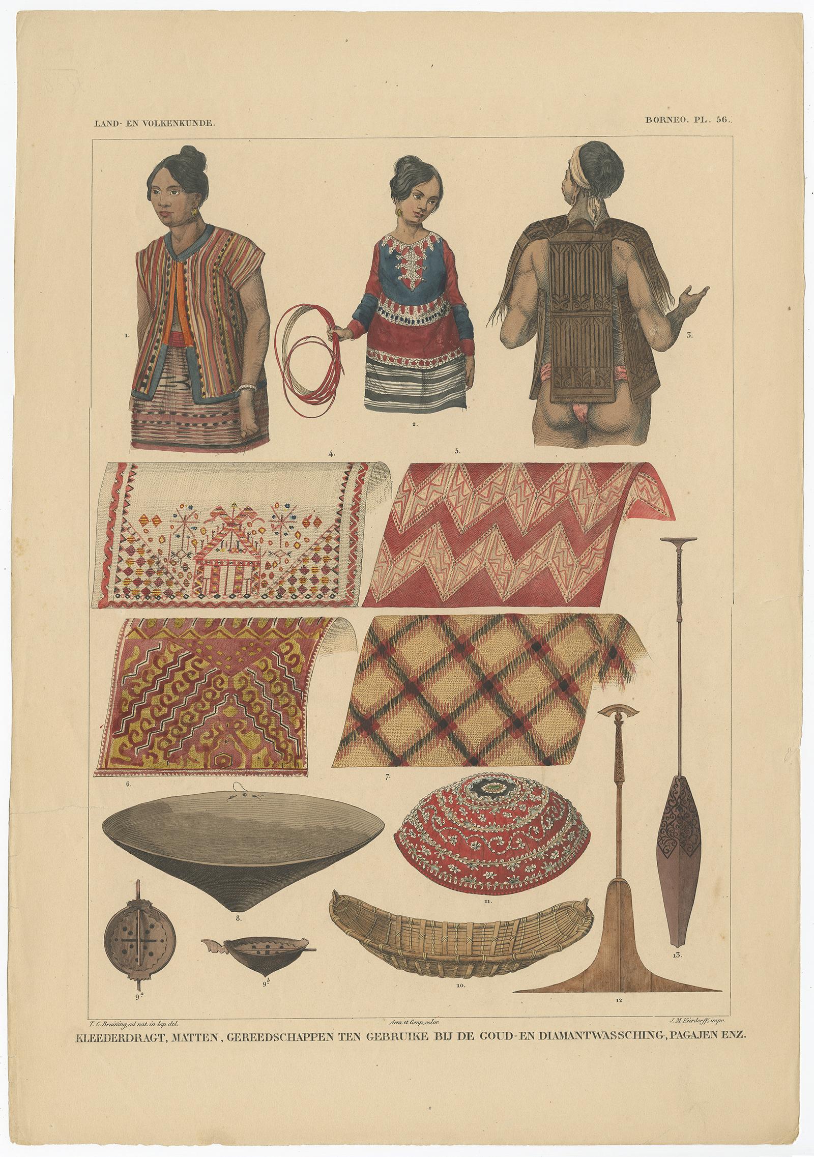 Antique print titled 'Kleederdragt, Matten, Gereedschappen ten gebruike bij de Goud- en Diamanwassching, Pagajen, enz'. (Utensils for gold and diamond searching). This print originates from 'Verhandelingen over de natuurlijke geschiedenis der