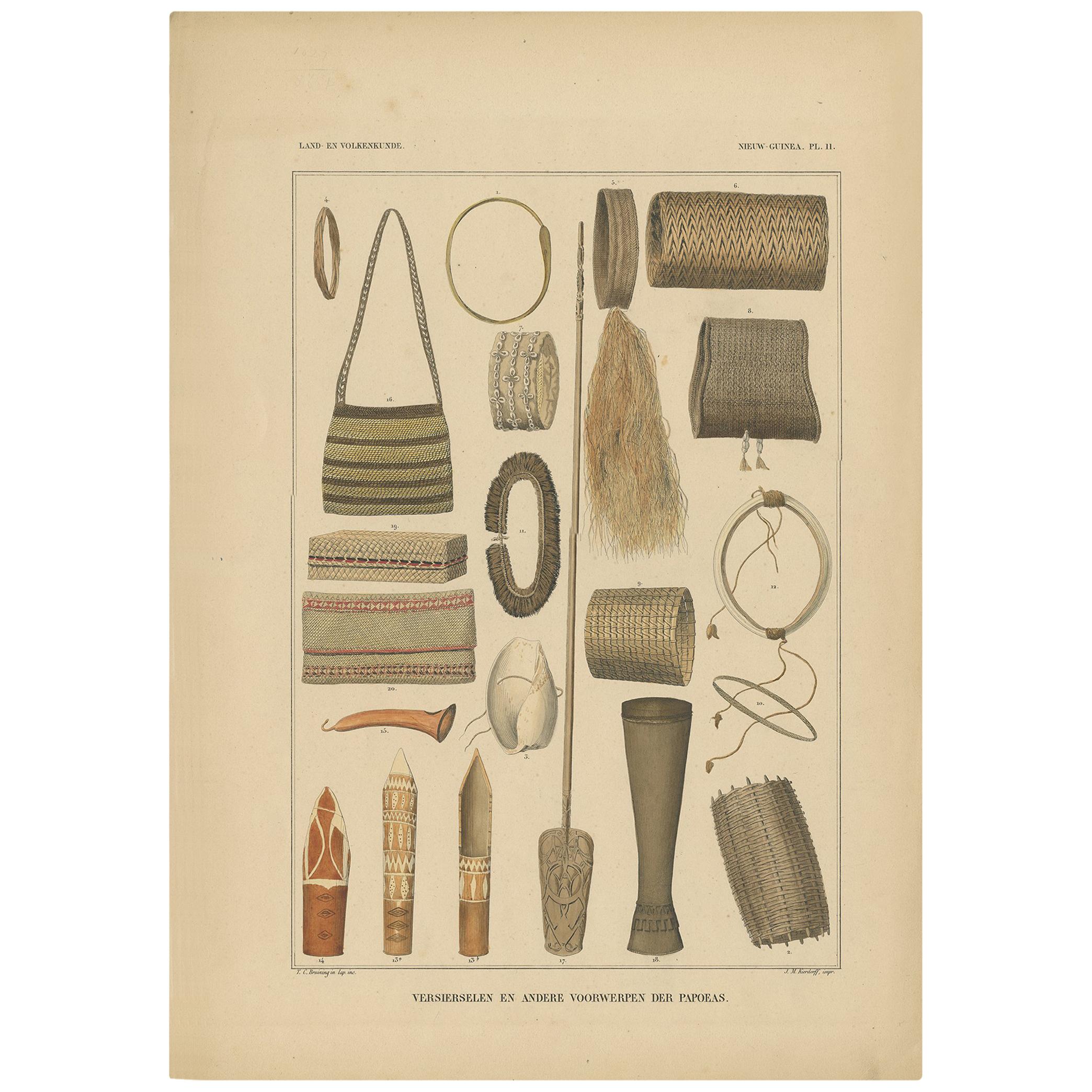 Print with Items of Papua 'New Guinea, Indonesia' by Temminck, circa 1840 For Sale