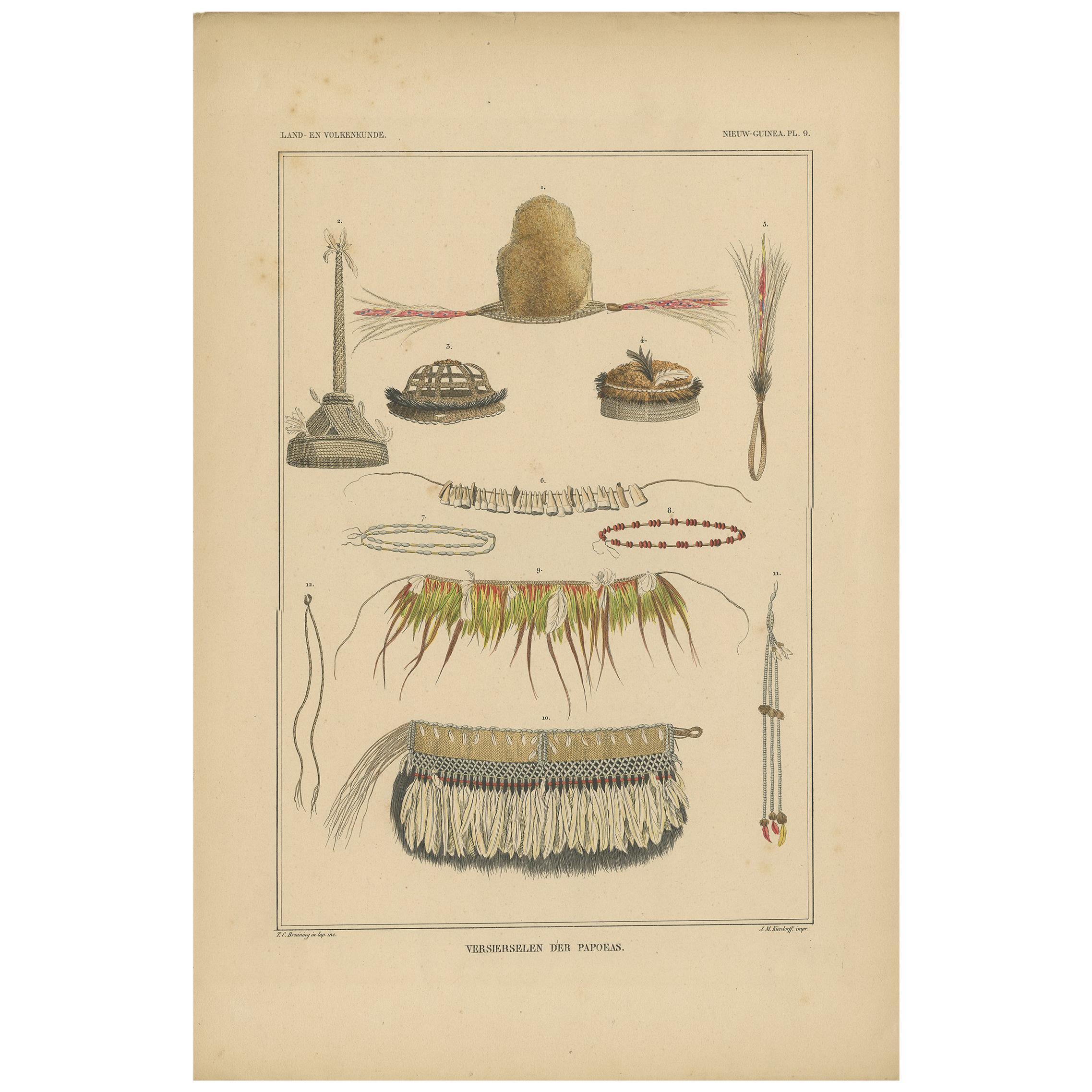 Print with Papua Decoration 'New Guinea, Indonesia' by Temminck, circa 1840