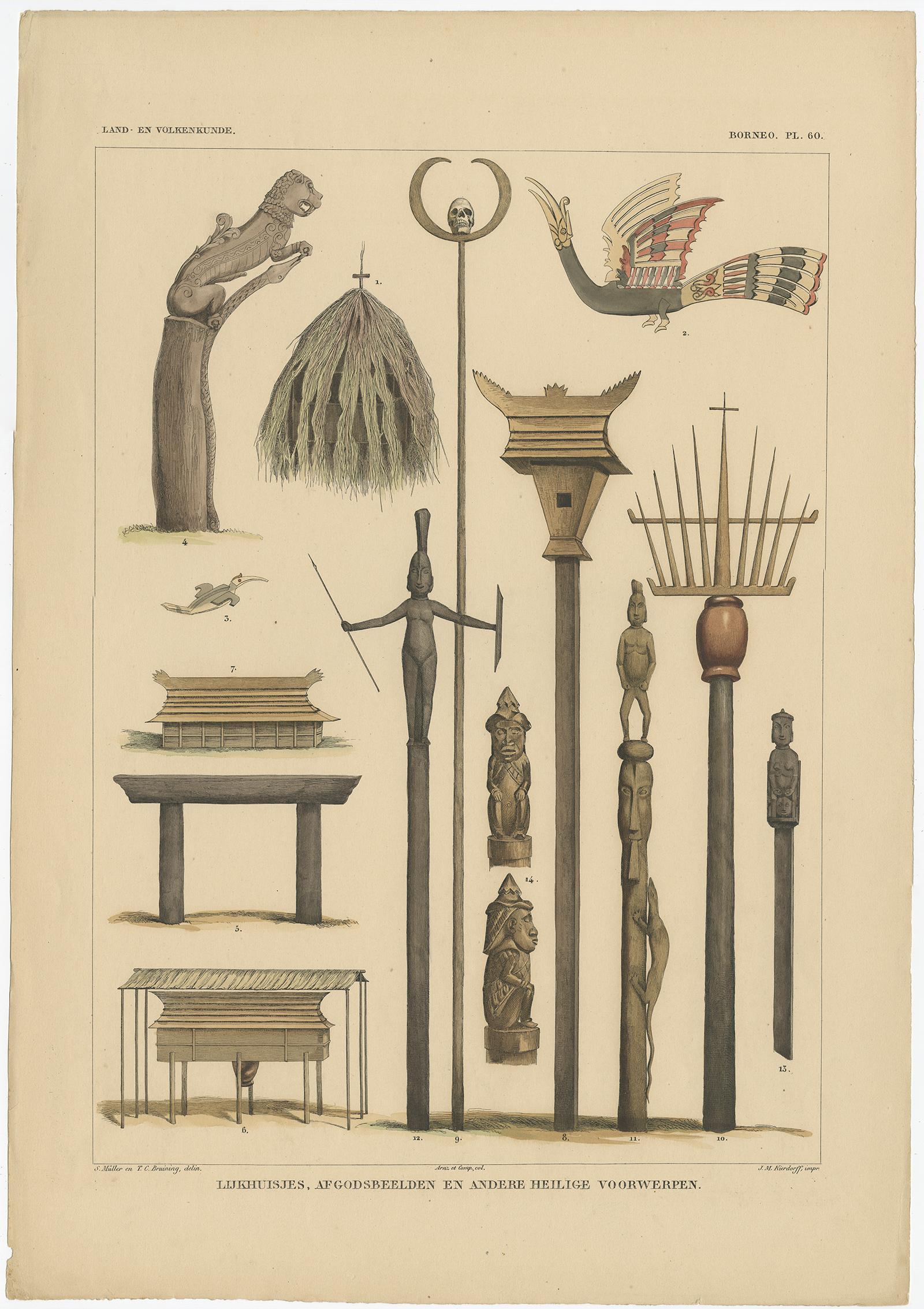 Antique print titled 'Lijkhuisjes, Afgodsbeelden en andere heilige voorwerpen'. This print originates from 'Verhandelingen over de natuurlijke geschiedenis der Nederlandsche overzeesche bezittingen, door de Leden der Natuurkundige commissie in Indië