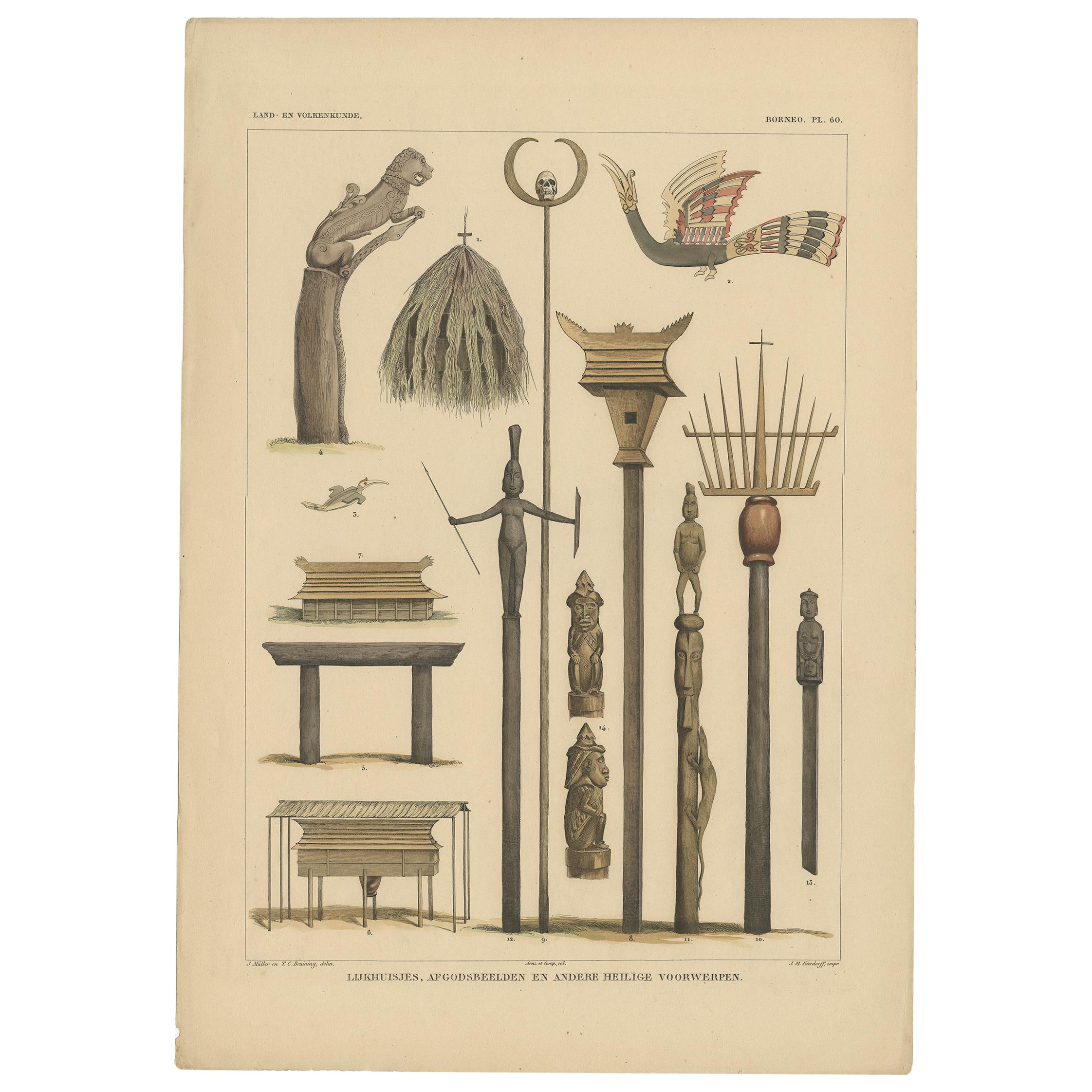 Print with Religious Items from Borneo 'Indonesia' by Temminck, circa 1840