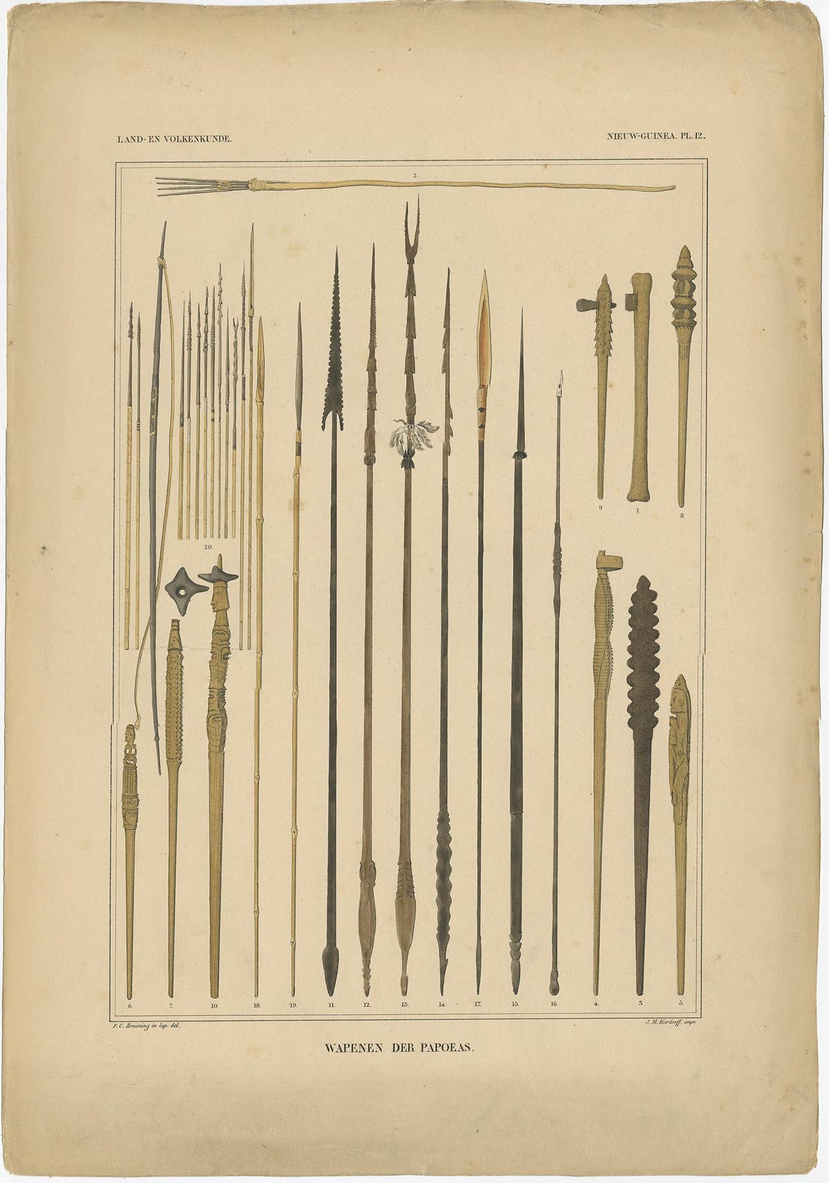 Print with Weapons of Papua 'New Guinea, Indonesia' by Temminck, circa 1840