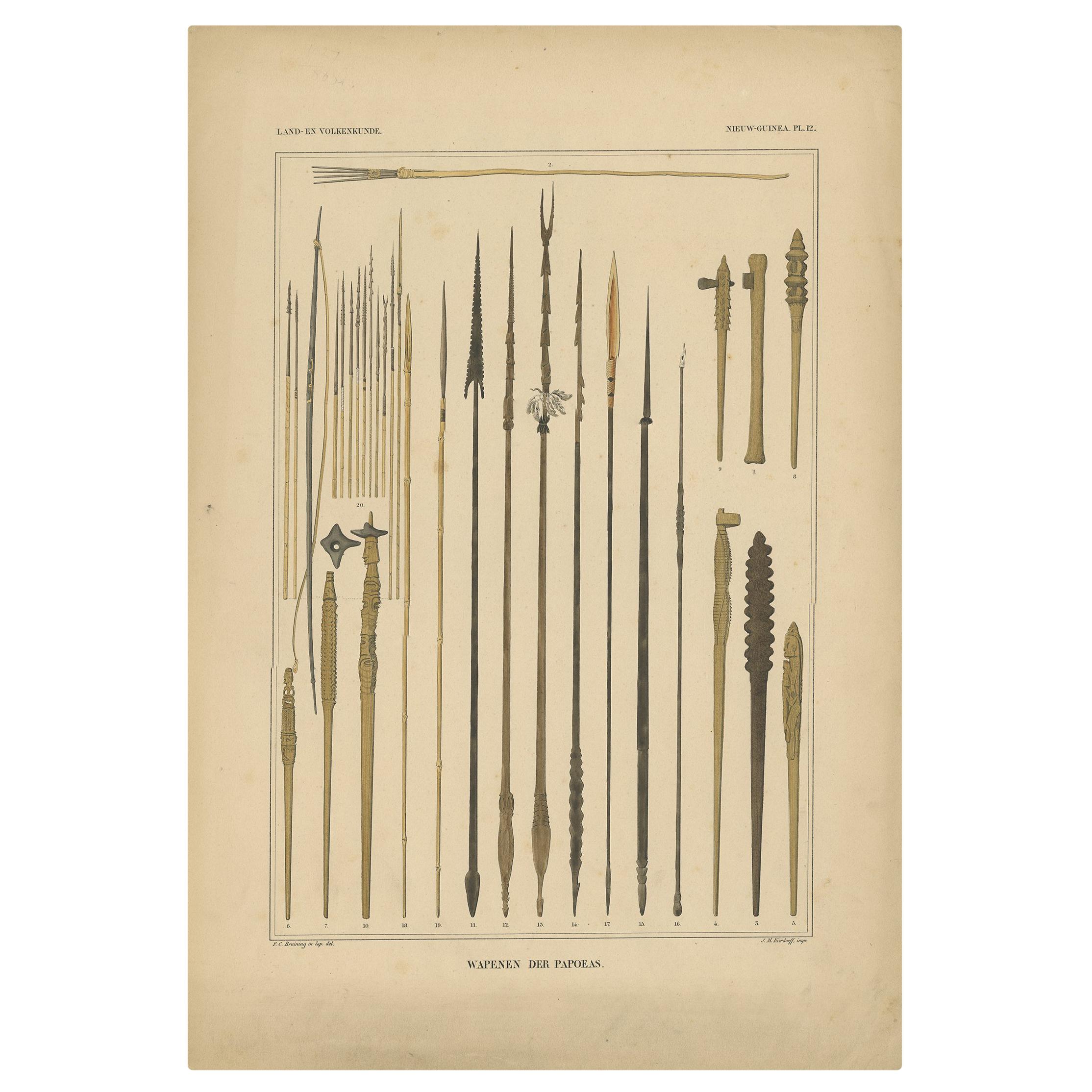 Print with Weapons of Papua 'New Guinea, Indonesia' by Temminck, circa 1840