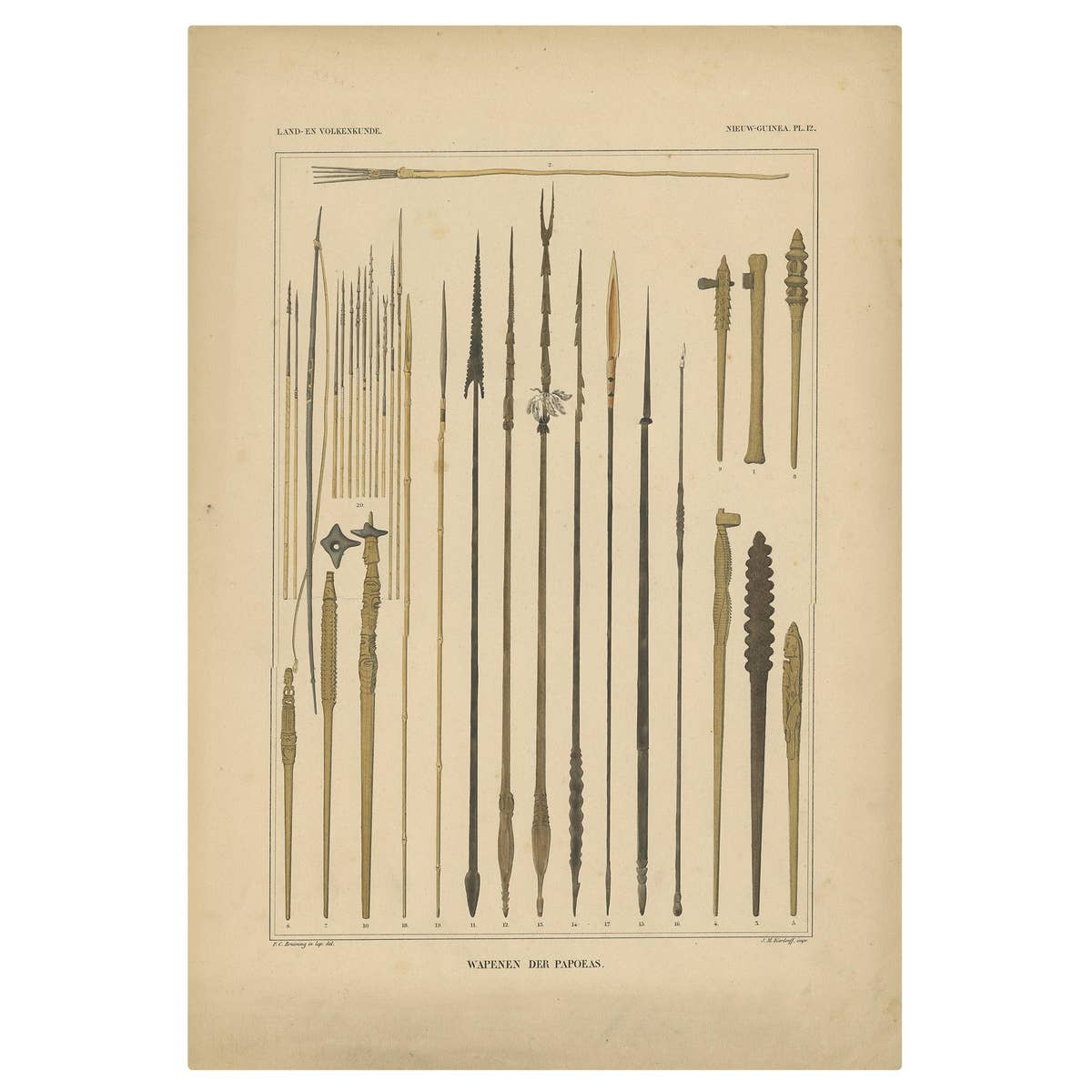 Print with Weapons of Papua 'New Guinea, Indonesia' by Temminck, circa 1840