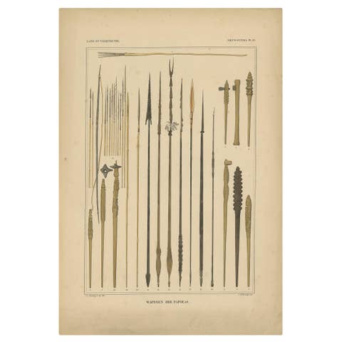 Print with Weapons of Papua 'New Guinea, Indonesia' by Temminck, circa 1840