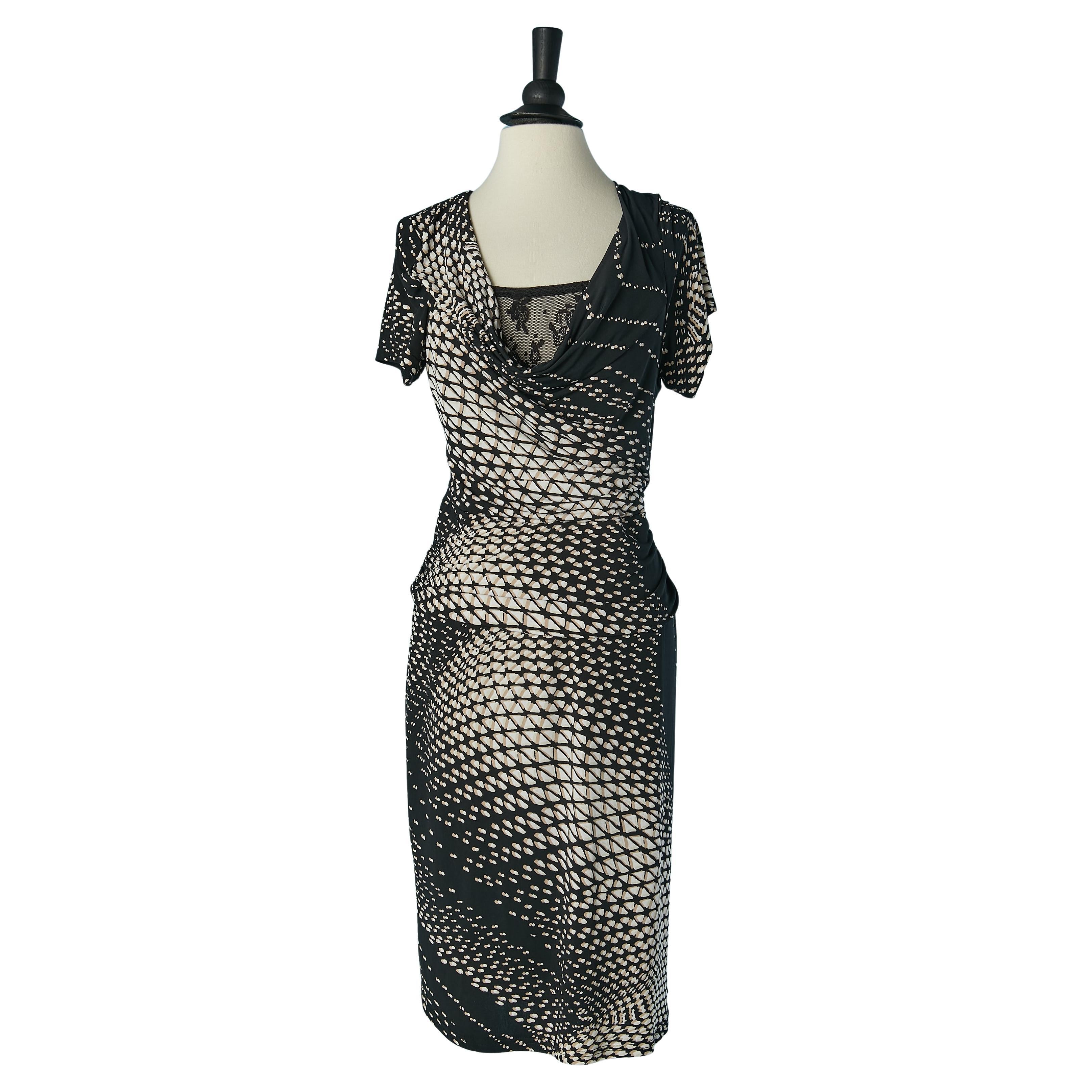 Printed and draped jersey dress with lace lining Pierre Cardin For Sale