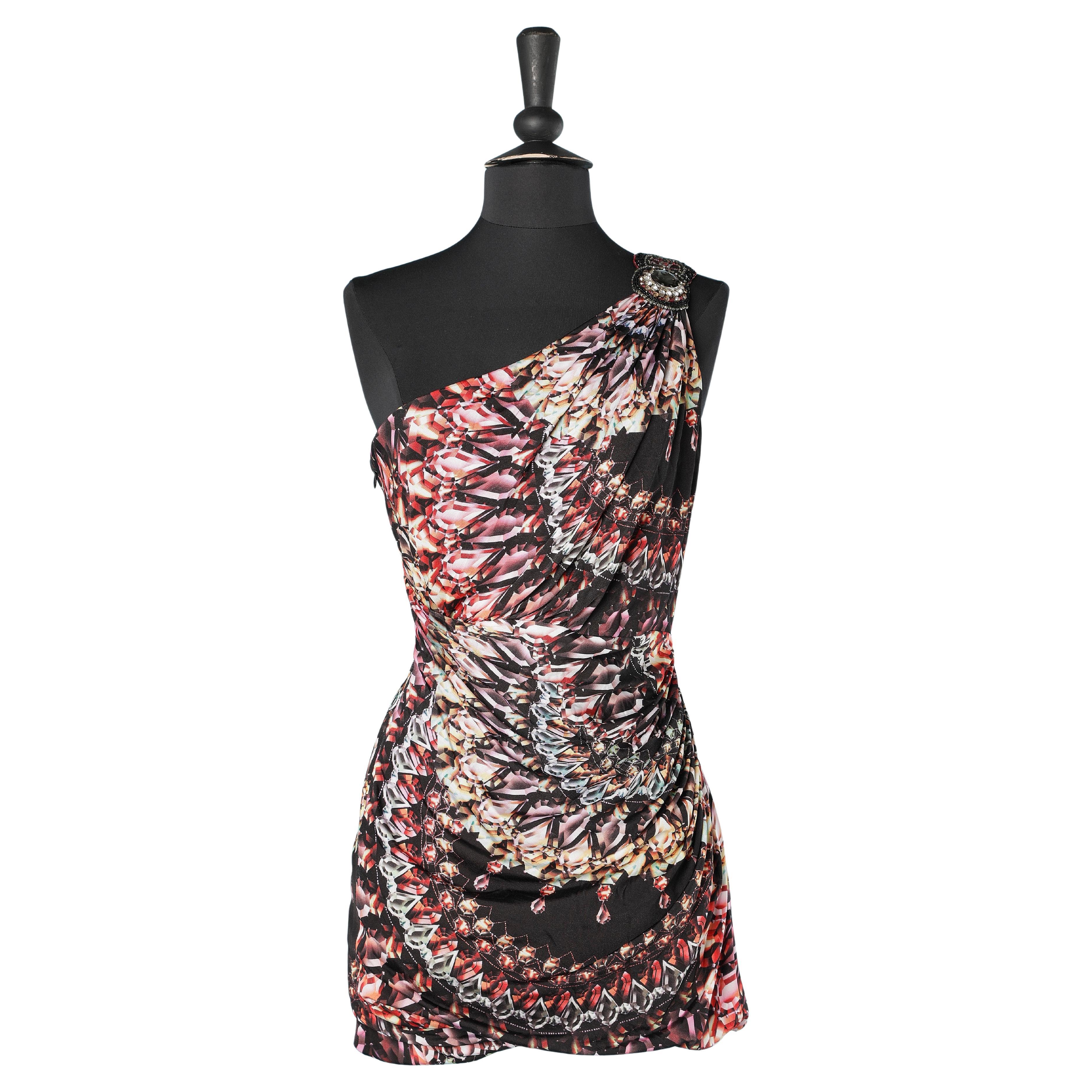 Printed asymmetrical cocktail dress with embroideries David Meister For Sale