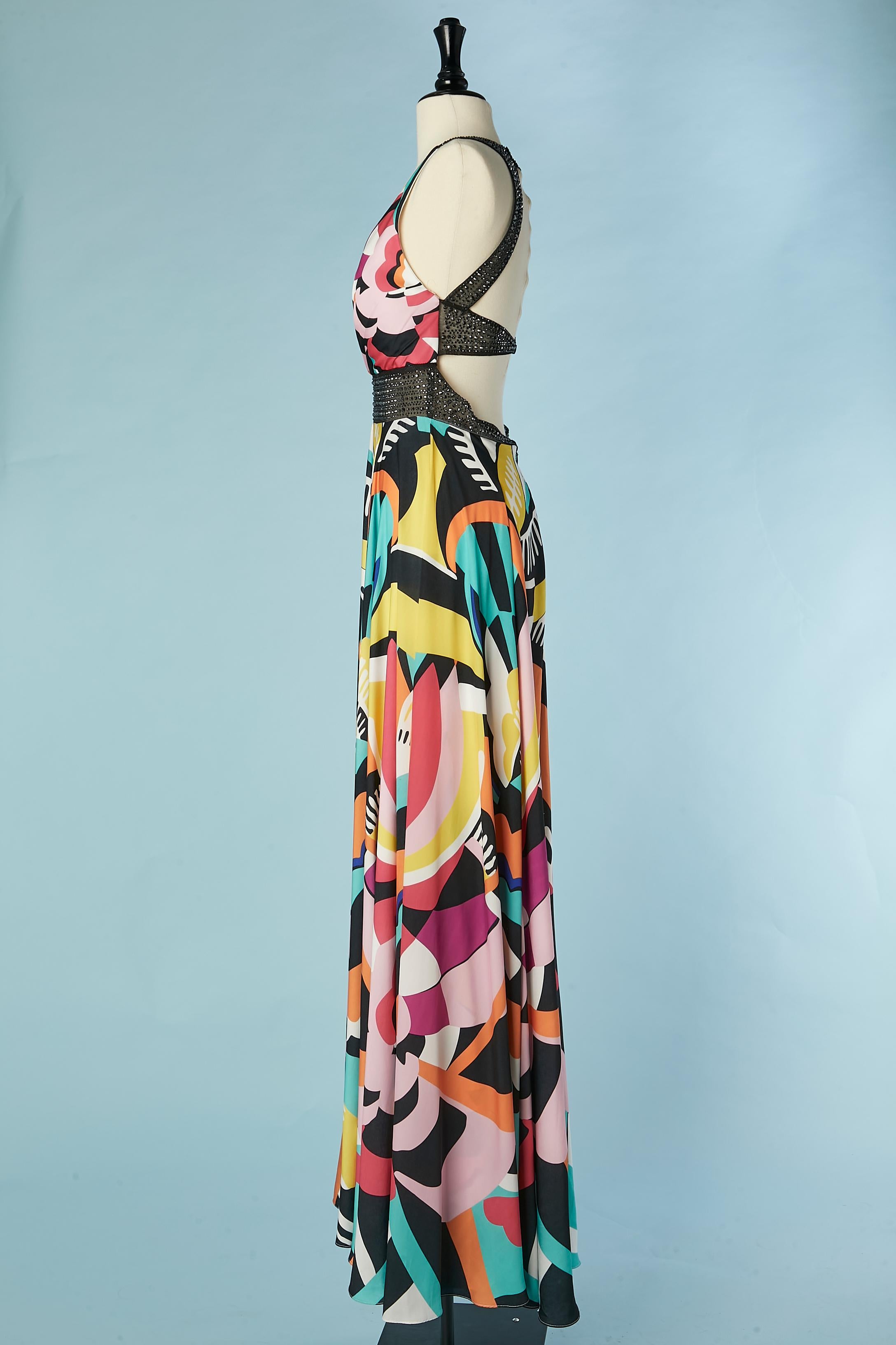 Printed backless evening dress with rhinestone embellishment Gai Mattiolo For Sale 1