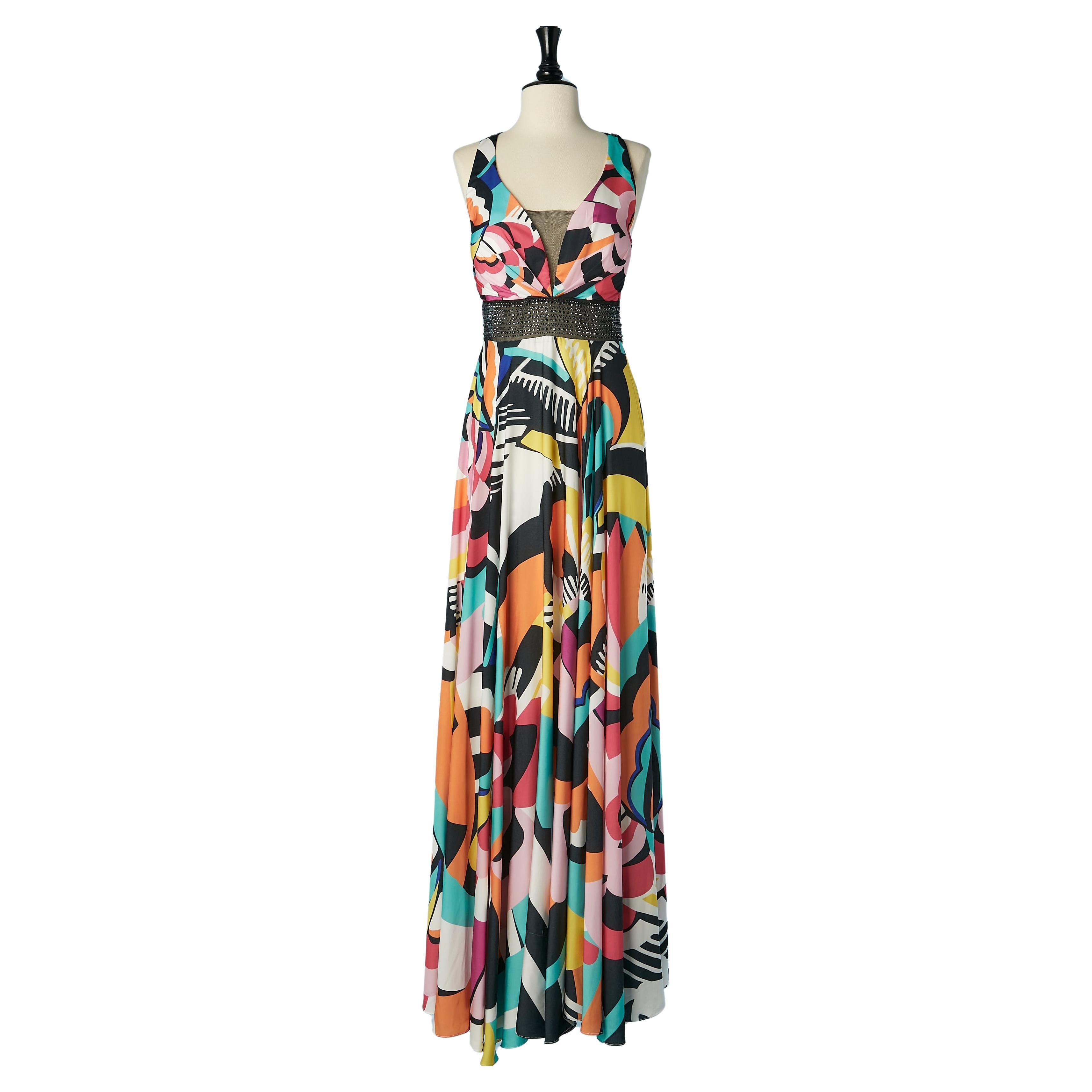 Printed backless evening dress with rhinestone embellishment Gai Mattiolo For Sale