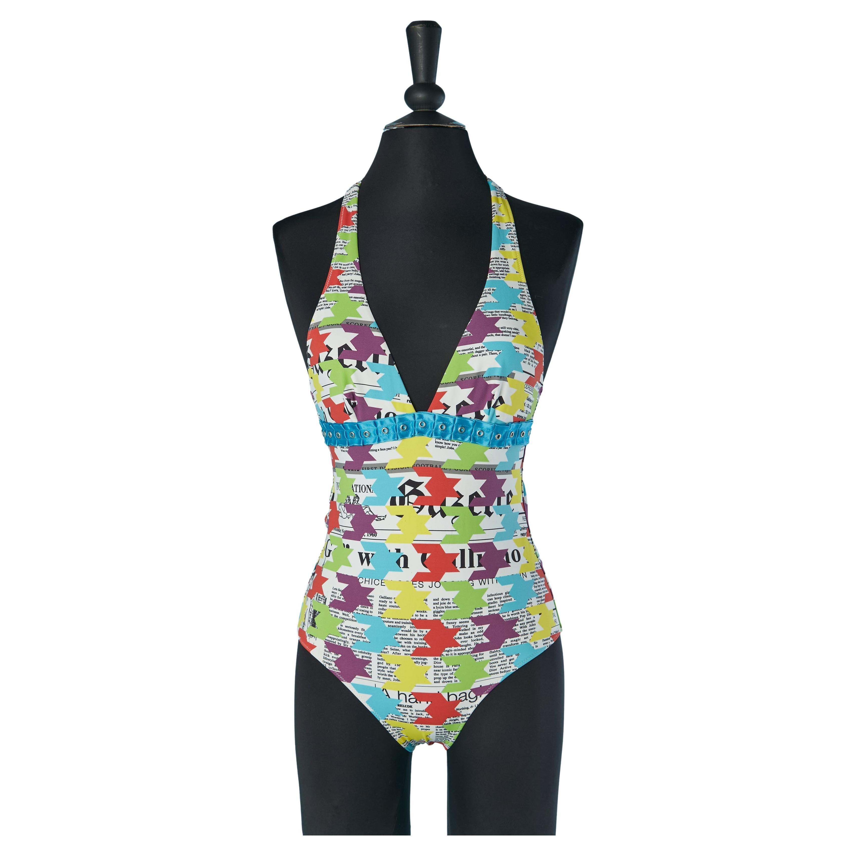 Bedruckter rückenfreier Badeanzug mit blauer Rüsche GALLIANO