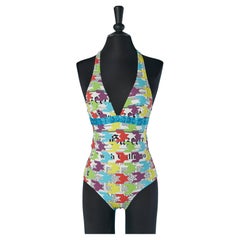 Bedruckter rückenfreier Badeanzug mit blauer Rüsche GALLIANO