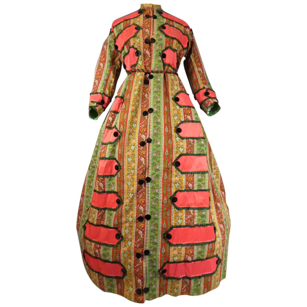 Printed challis Crinoline dress circa 1860