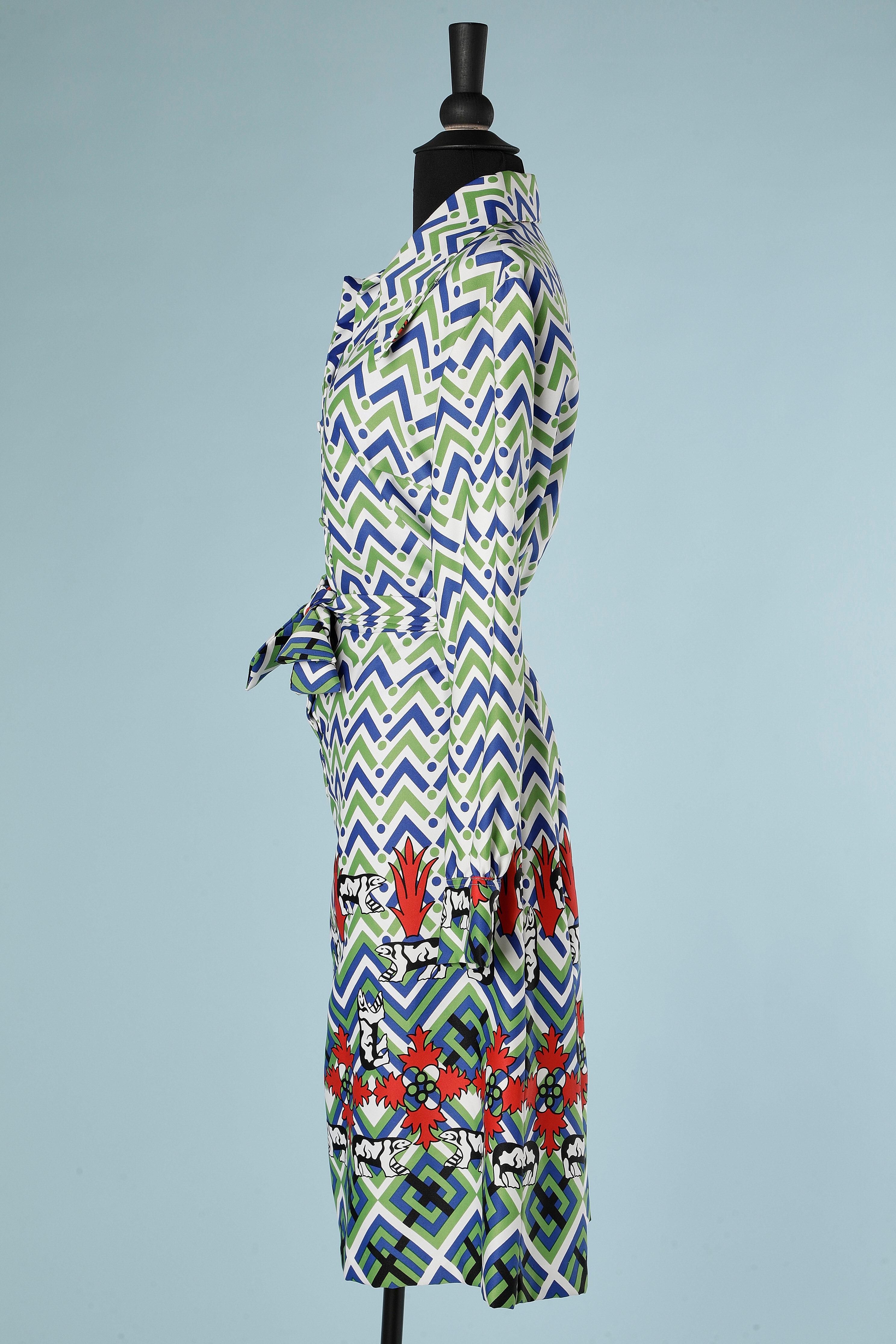 Printed chemise dress with belt Lanvin Circa 1970's  In Excellent Condition For Sale In Saint-Ouen-Sur-Seine, FR