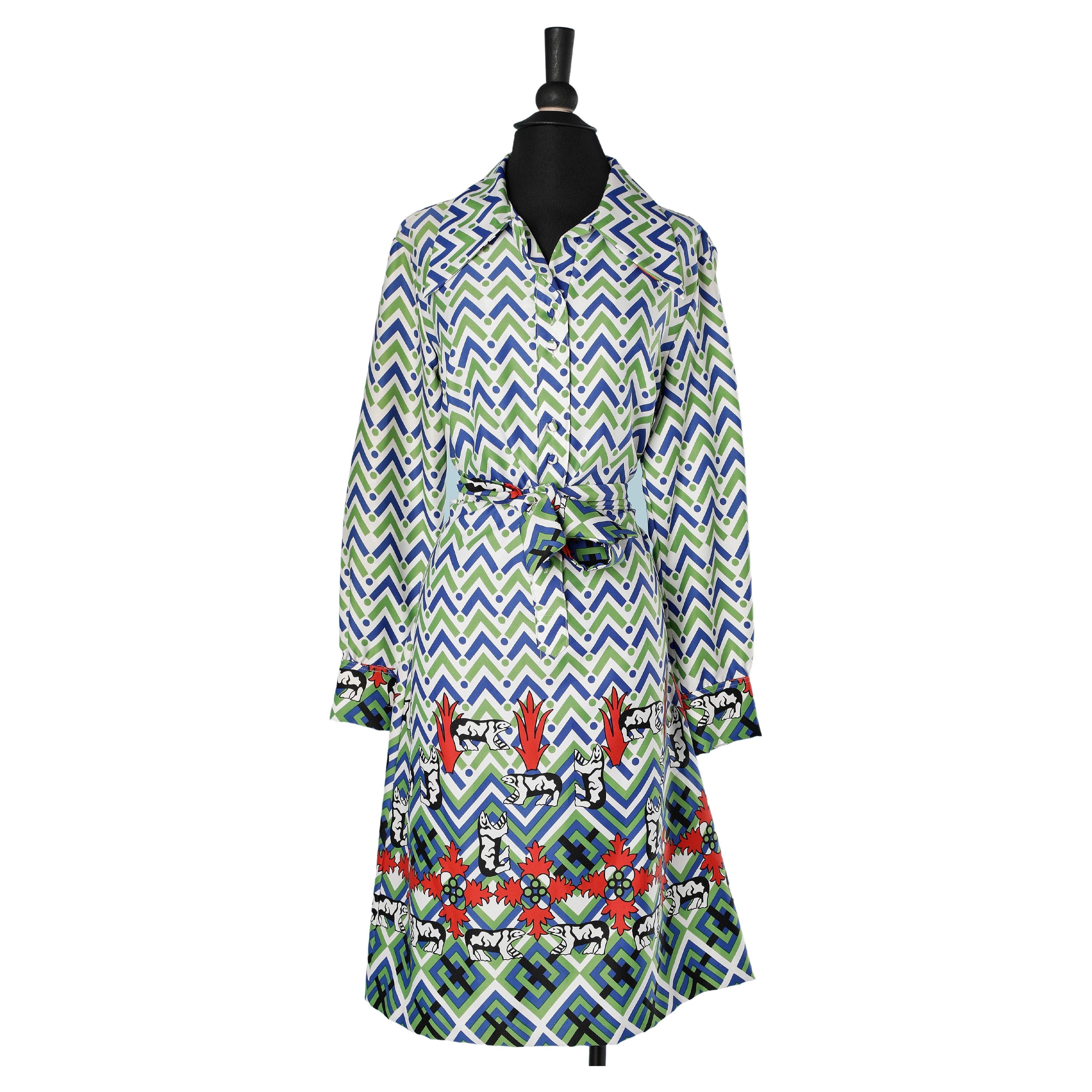 Printed chemise dress with belt Lanvin Circa 1970's  For Sale