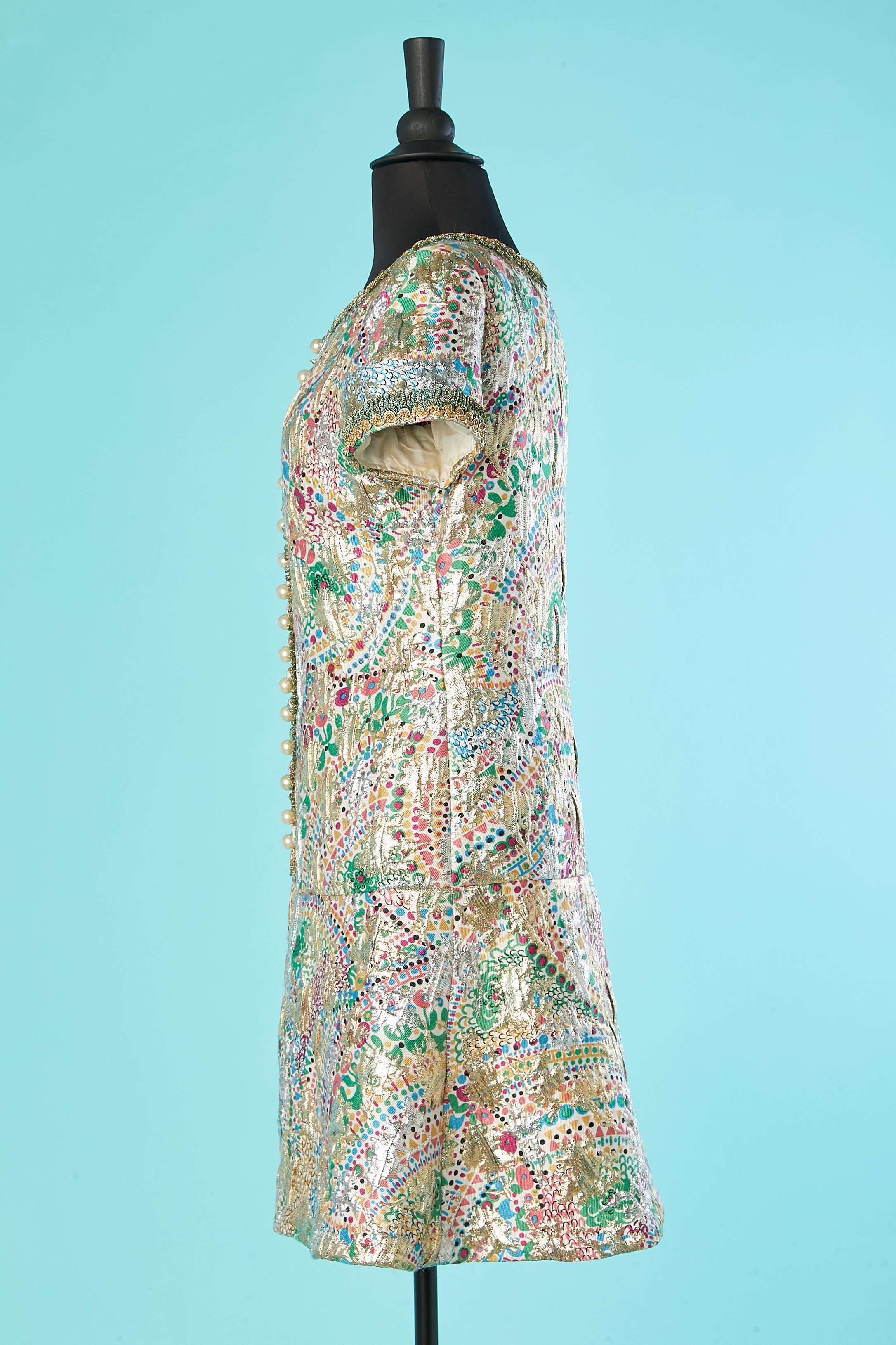 Robe de cocktail imprimée Lanvin en brocart argenté et or des années 1960  Pour femmes en vente