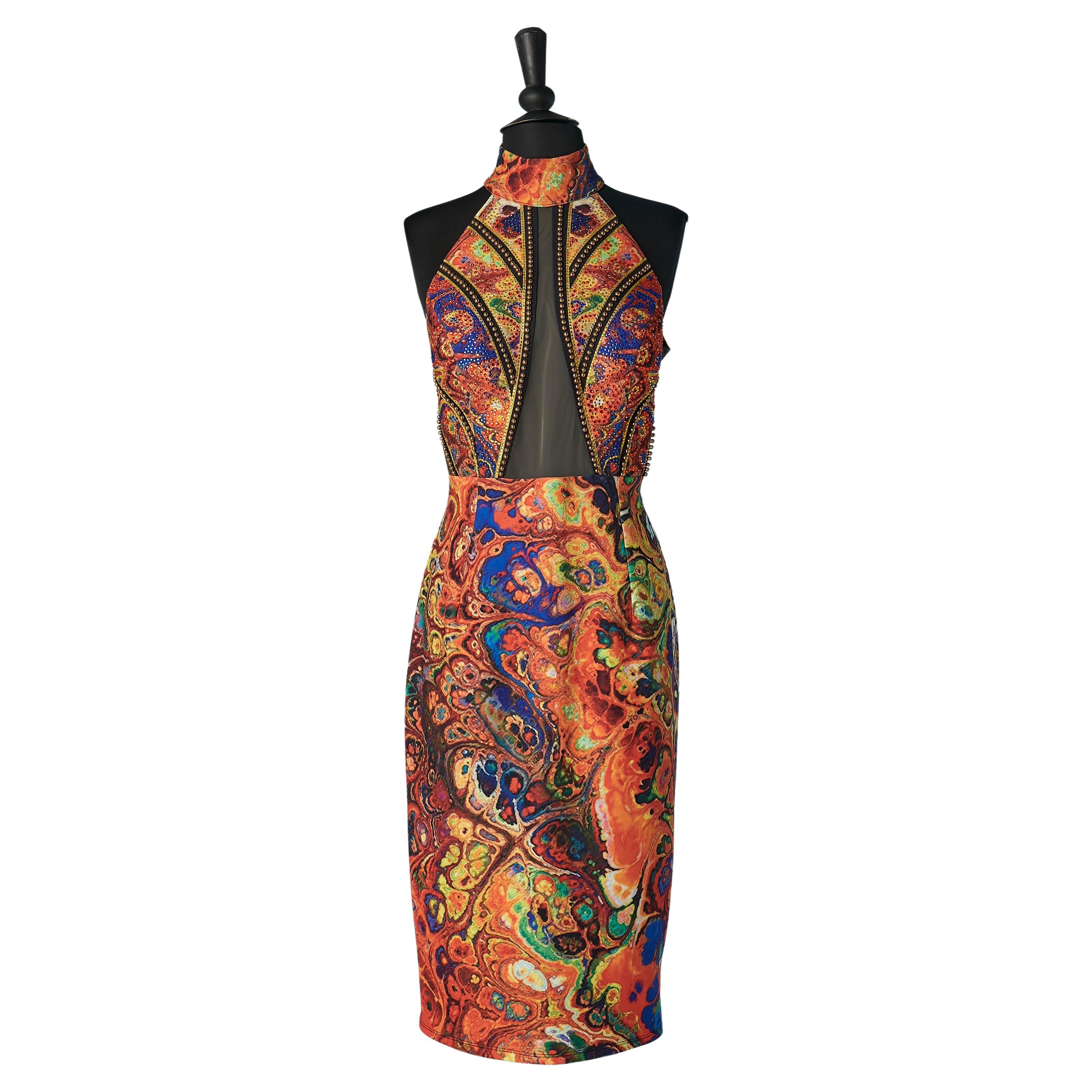 Printed  cocktail dress with beads and rhinestone embellishement Gai Mattiolo  For Sale
