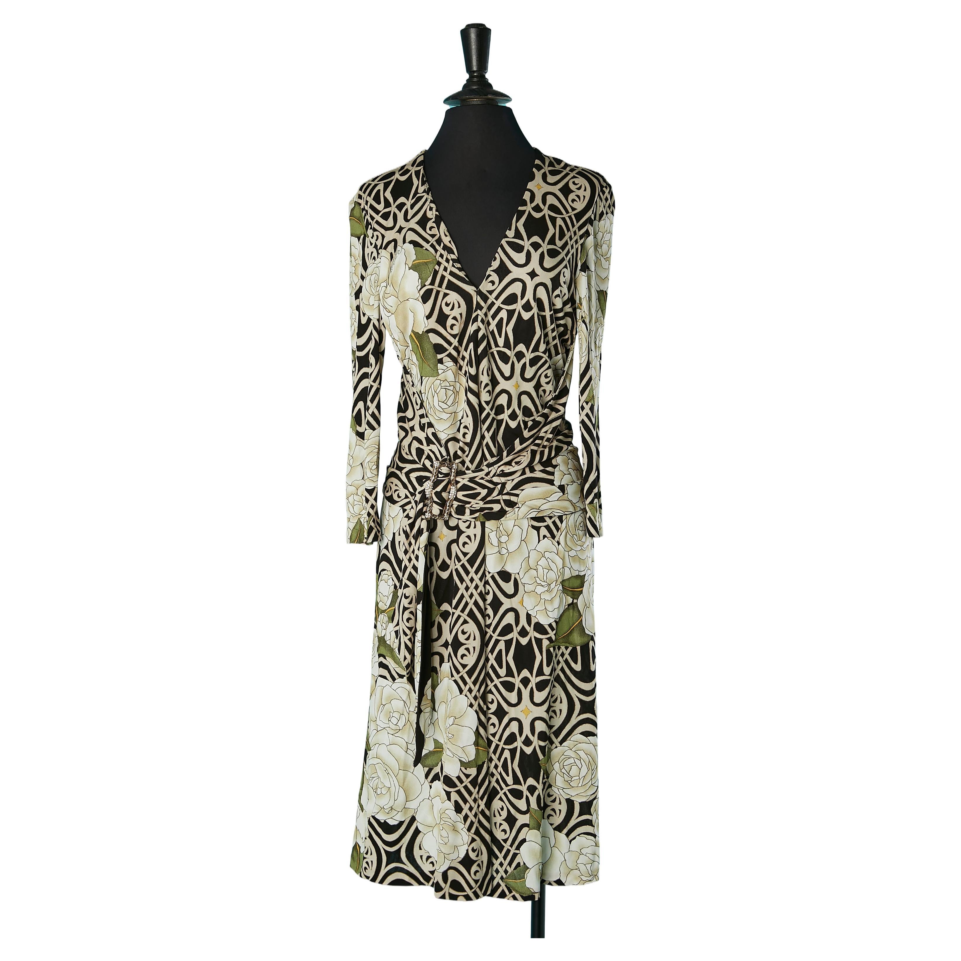 Printed cocktail dress with drape belt and rhinestone buckle Roberto Cavalli For Sale