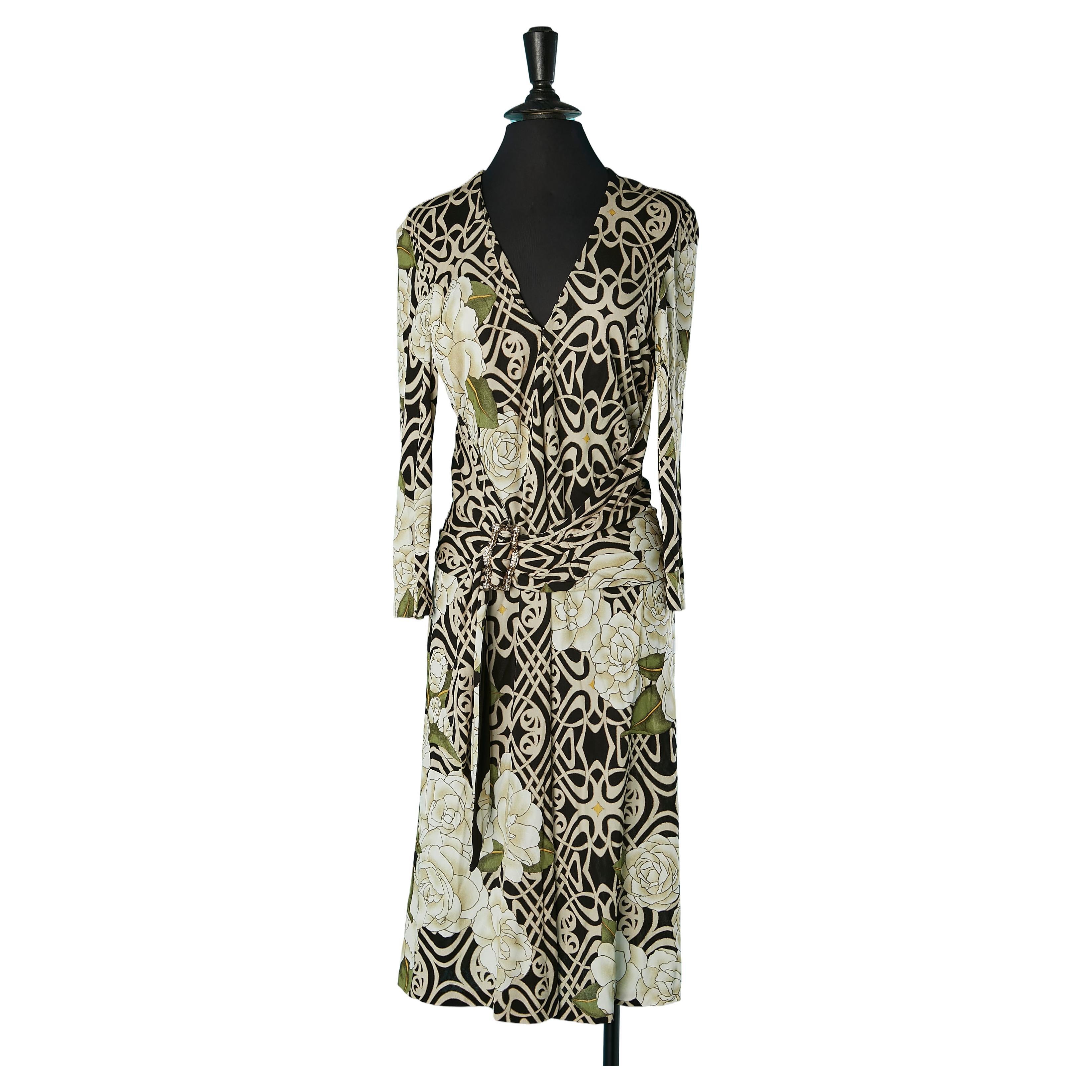 Printed cocktail dress with drape belt and rhinestone buckle Roberto Cavalli 