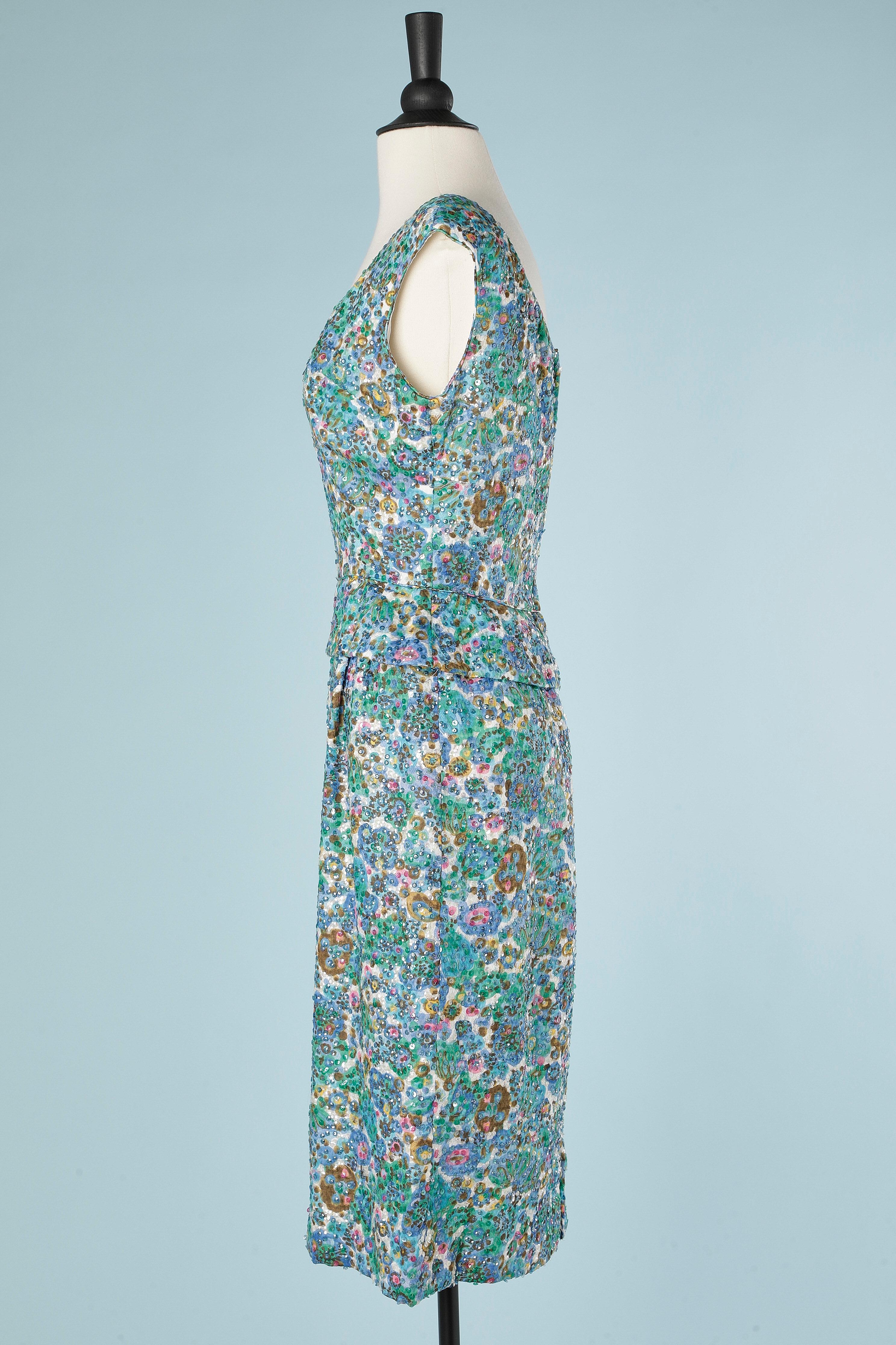 Women's Printed cocktail dress with sequin allover Circa 1960's  For Sale