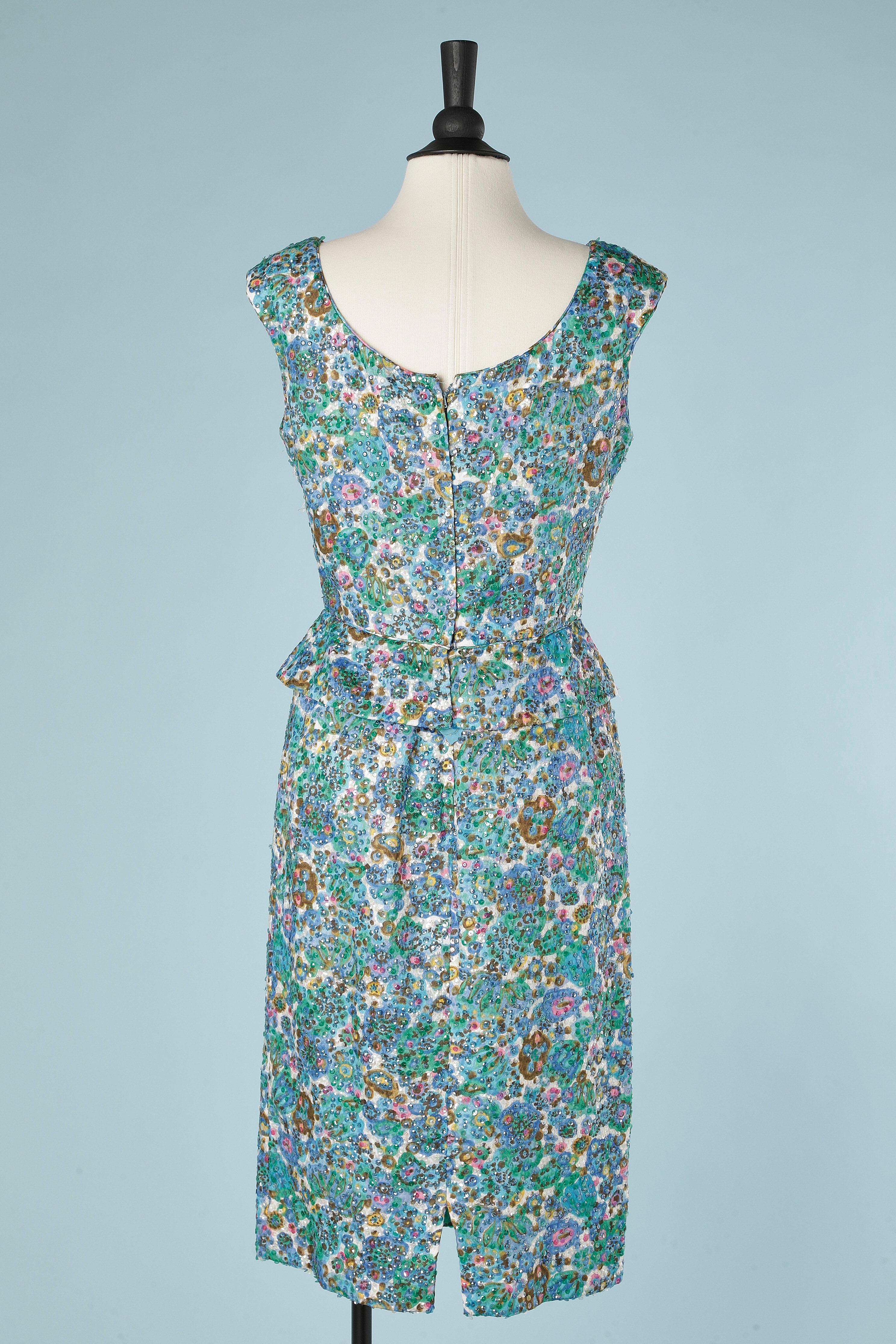 Printed cocktail dress with sequin allover Circa 1960's  For Sale 1