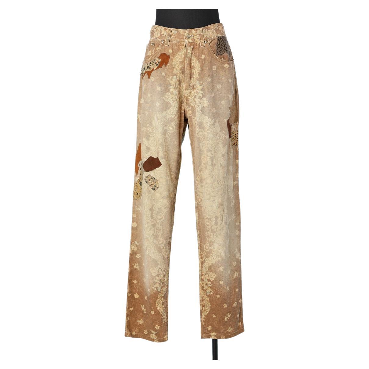 Printed cotton jean with printed suede application Roberto Cavalli