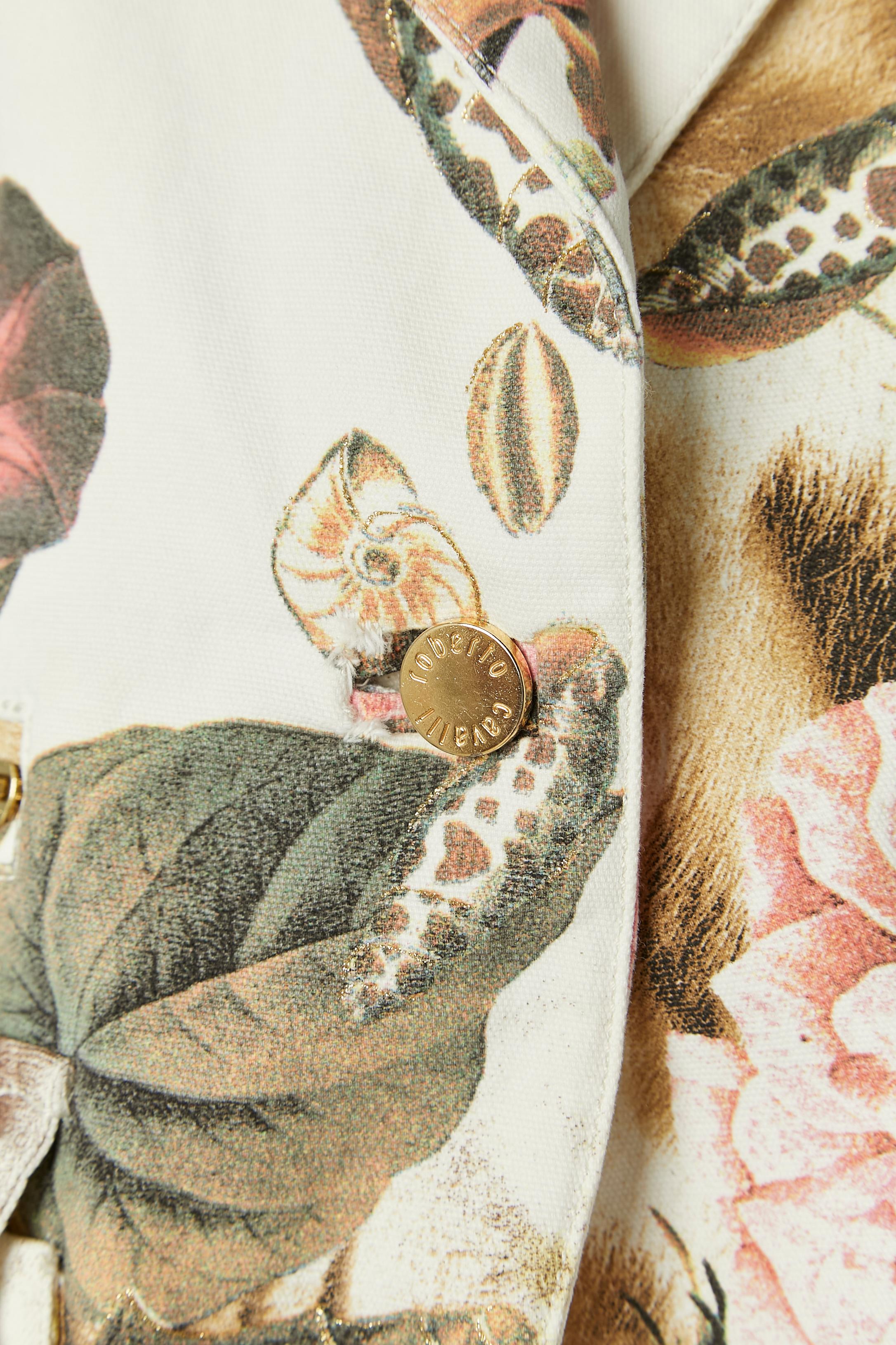 Beige Giacca monopetto in cotone stampato con taschino Roberto Cavalli in vendita