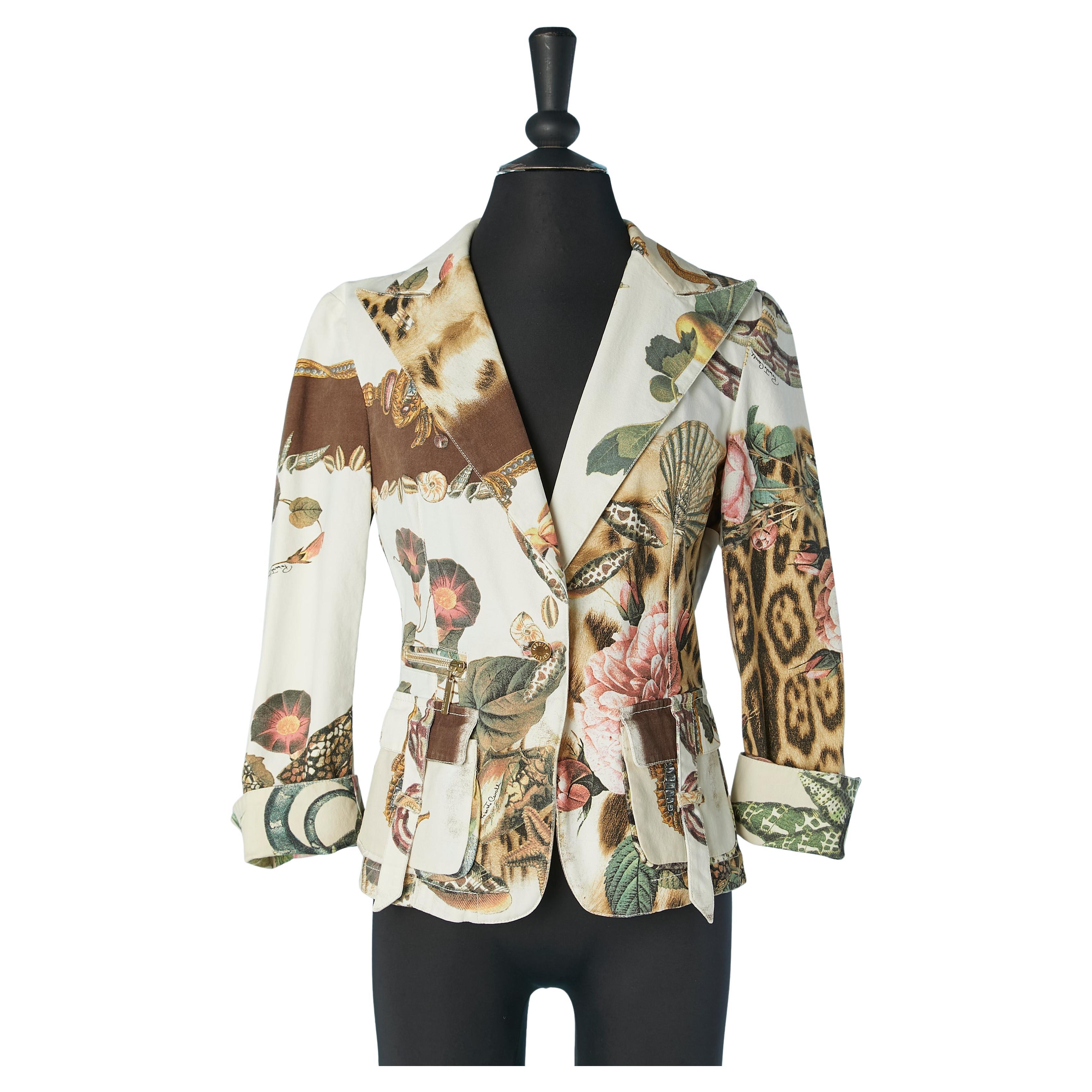 Giacca monopetto in cotone stampato con taschino Roberto Cavalli