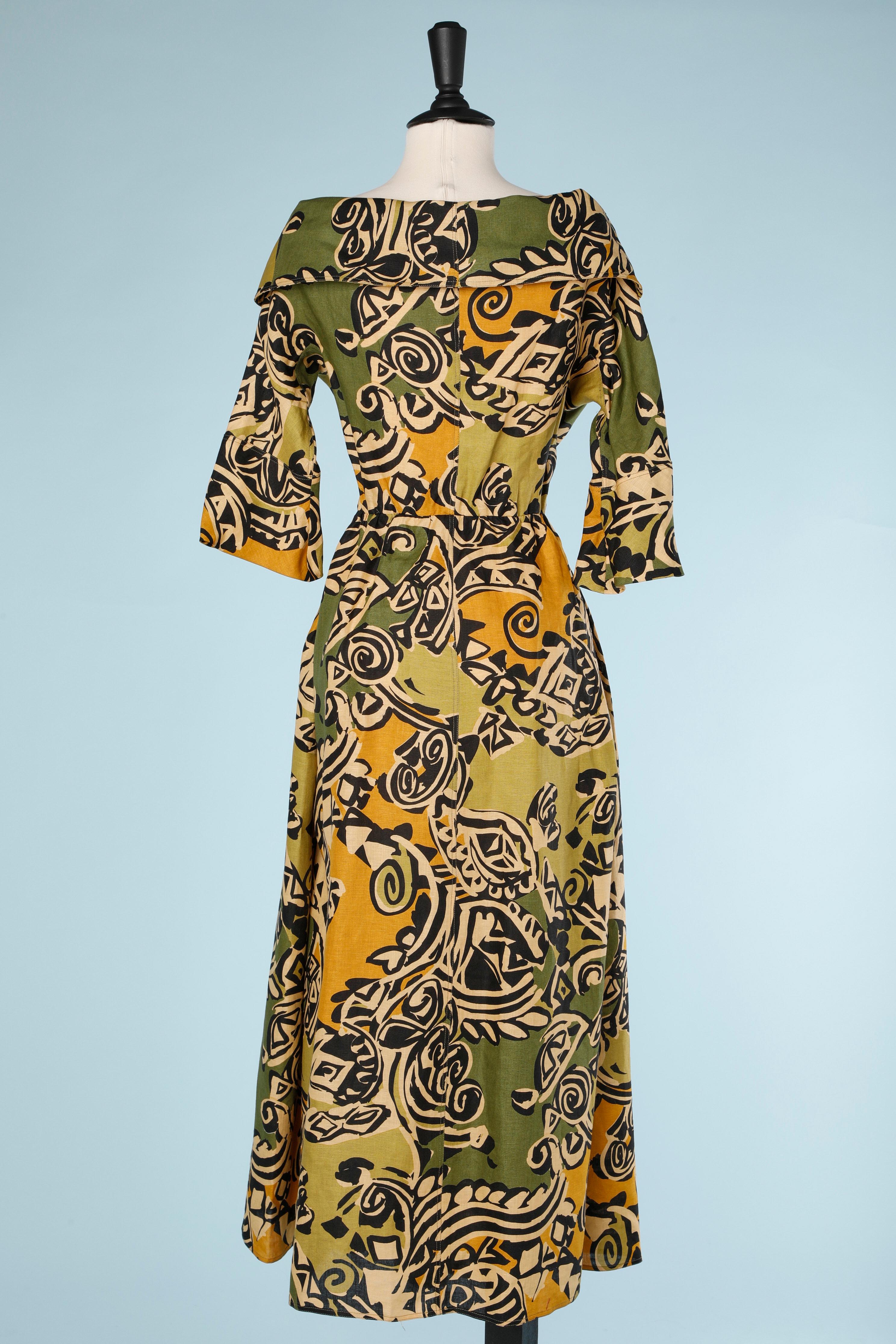 Brown Printed cotton wrap dress in linen Anne-Marie Beretta 