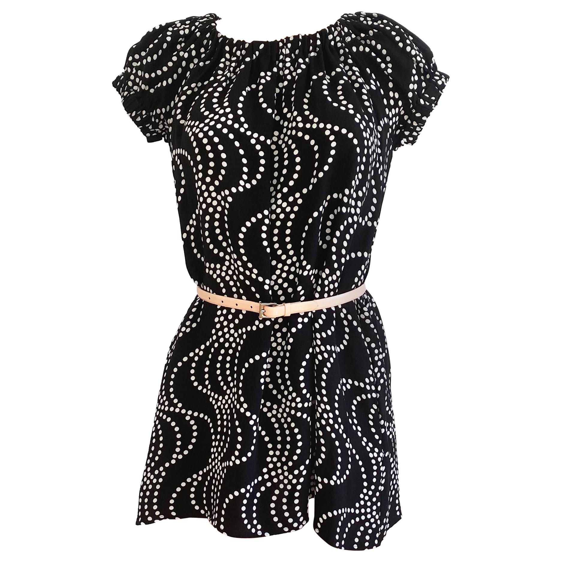 Black white pindot double silk crepe mini ORII dress with POCKETS  For Sale