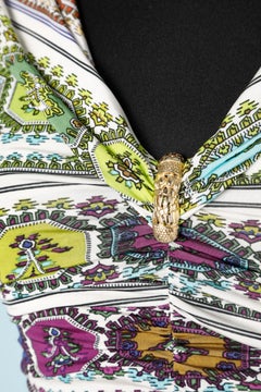 Printed draped jersey dress with gold metal brooch Roberto Cavalli