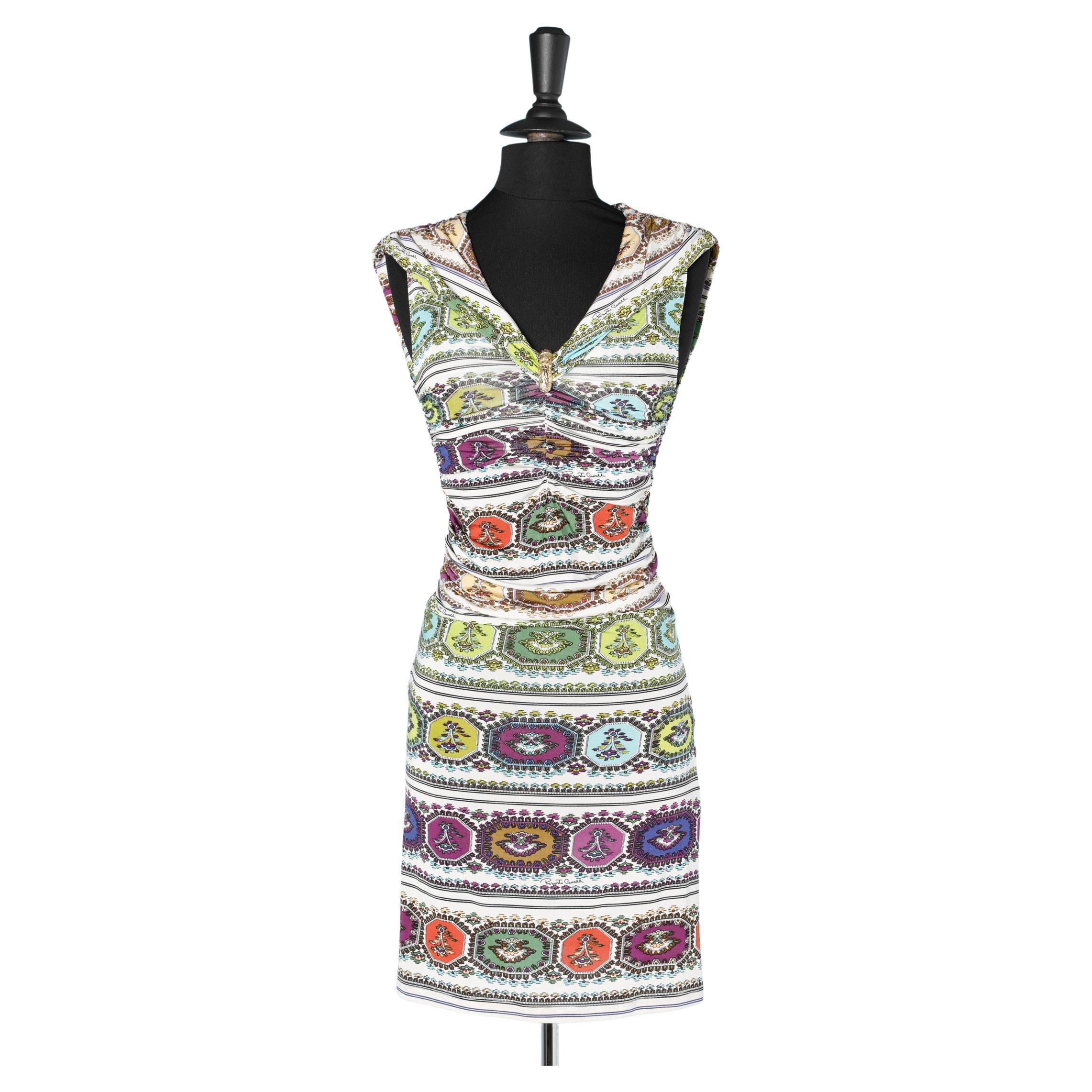 Printed draped jersey dress with gold metal brooch Roberto Cavalli For Sale  at 1stDibs