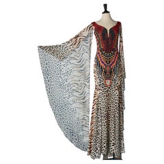 Printed evening dress with red beads embellishment Gai Mattiolo Love to Love