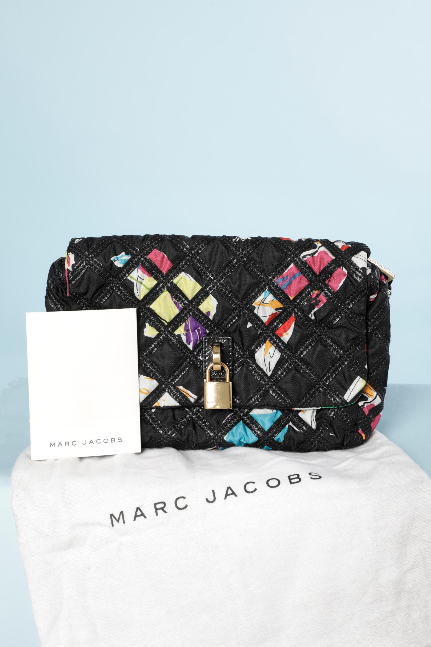 Printed fabric and black nylon clutch with gold metal branded locker Marc Jacob  For Sale 2