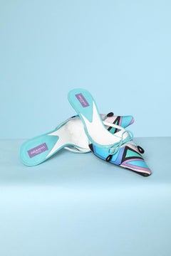 Printed fabric and blue leather mule shoes  with bow and beads Emilio Pucci