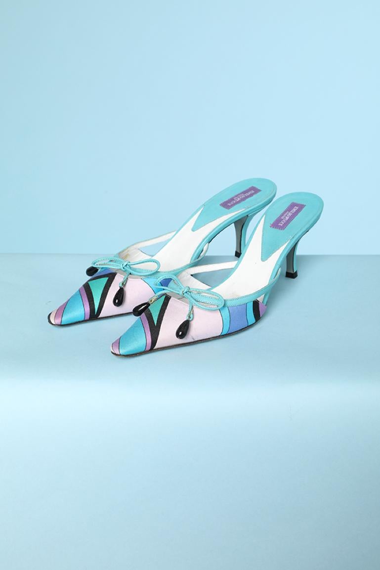 Blue Printed fabric and blue leather mule shoes  with bow and beads Emilio Pucci For Sale