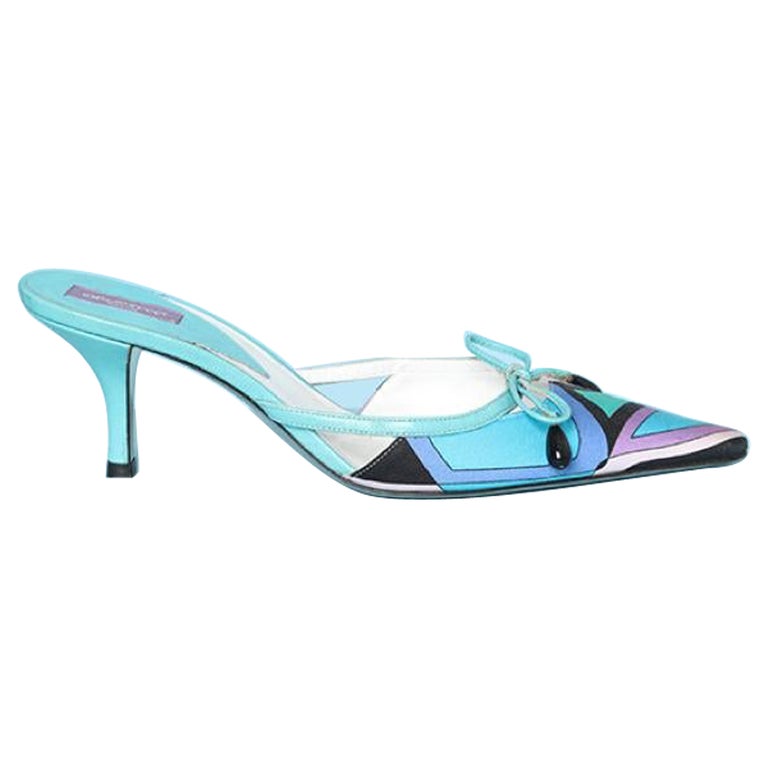 Printed fabric and blue leather mule shoes with bow and beads Emilio Pucci